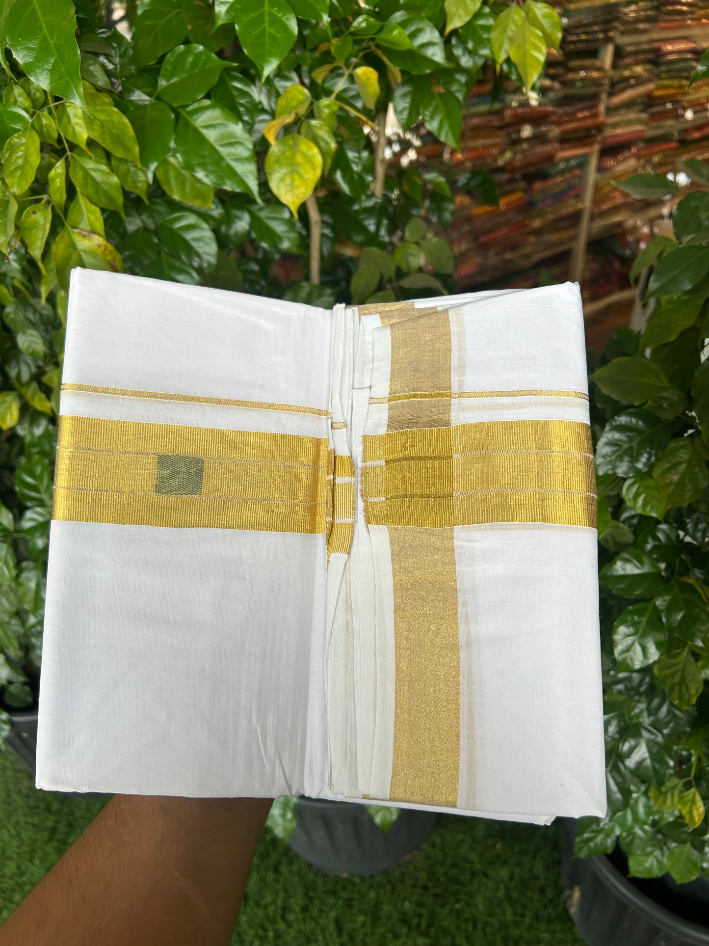 25% Discount ! KaithariKada Handloom Unakkupaav Kerala Handloom - 100% Pure Cotton Pure White Double Mundu/Dhoti - 2 inch Gold Kasav & Green Design Kara - 12 KK5352 ABH