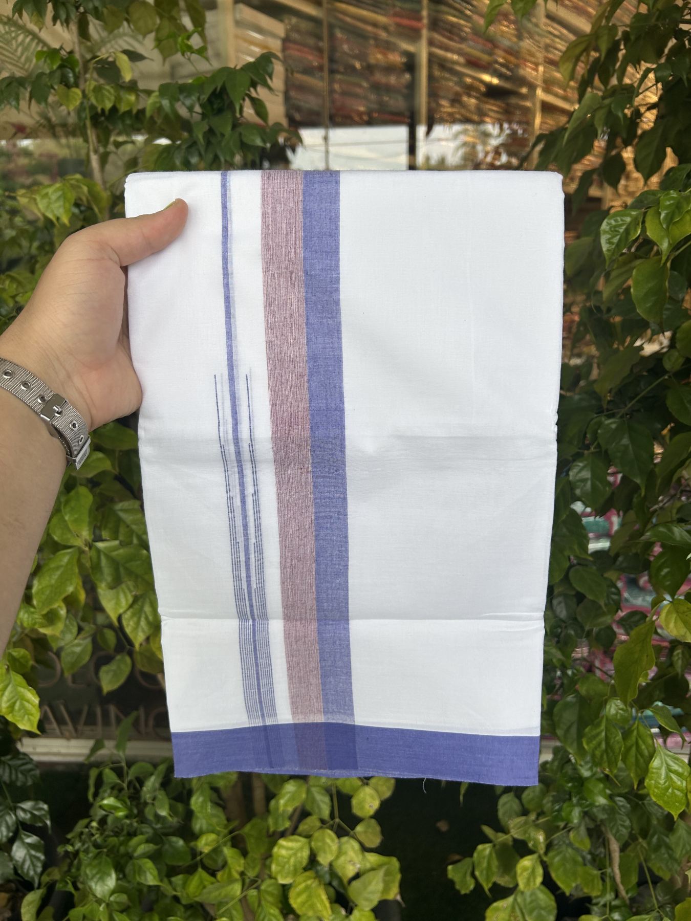 20% Discount ! Kaitharikada Balaramapuram 100% Pure Cotton Double Pure White Mundu/Dhoti - 100x80 - 1.5 inch Maroon & Blue Striped Shaded Chutty 3.90 mtr (8 muzham) - 11 KK5318 PMC