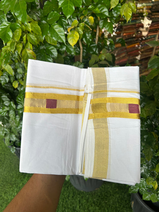 25% Discount ! KaithariKada Handloom Unakkupaav Kerala Handloom - 100% Pure Cotton Pure White Double Mundu/Dhoti - 1.75 inch Gold Kasav & Maroon Design Kara - 11 KK5352 ABH