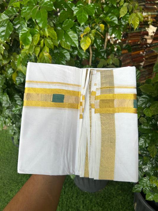 25% Discount ! KaithariKada Handloom Unakkupaav Kerala Handloom - 100% Pure Cotton Pure White Double Mundu/Dhoti - 1.75 inch Gold Kasav & Green Design Kara - 10 KK5352 ABH