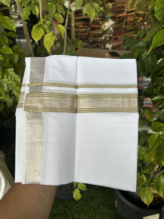 20% Discount!! KaithariKada Balaramapuram 100% Cotton Double Pure White Mundu/Dhoti - 100x100 - 1.5 inch Silver Kasav & Light Olive Green Design Kara 3.90 mtr (8 muzham) - 5 KK5318 GAN