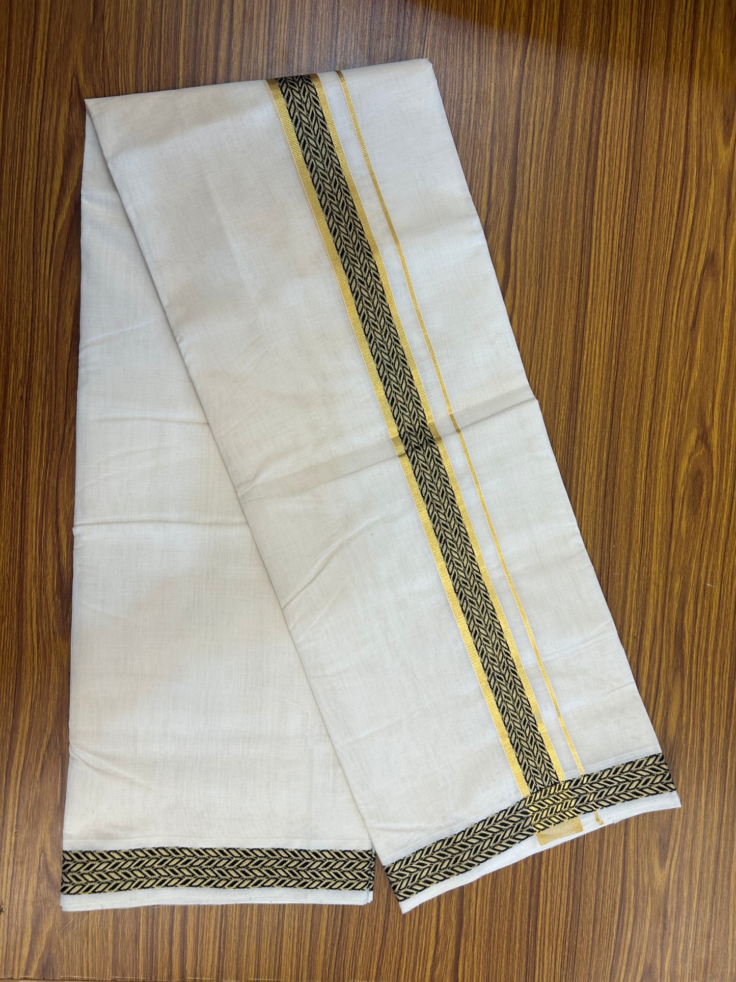 25% Discount ! KaithariKada Handloom Unakkupaav Kerala Handloom - 100% Pure Cotton Off White (Unbleached) Double Mundu/Dhoti - 100x80 - 1.5 Inch Gold kasav & Black Jaquard Design Kara 4 mtr (8.5 muzham) - 22 KK5352 ABH