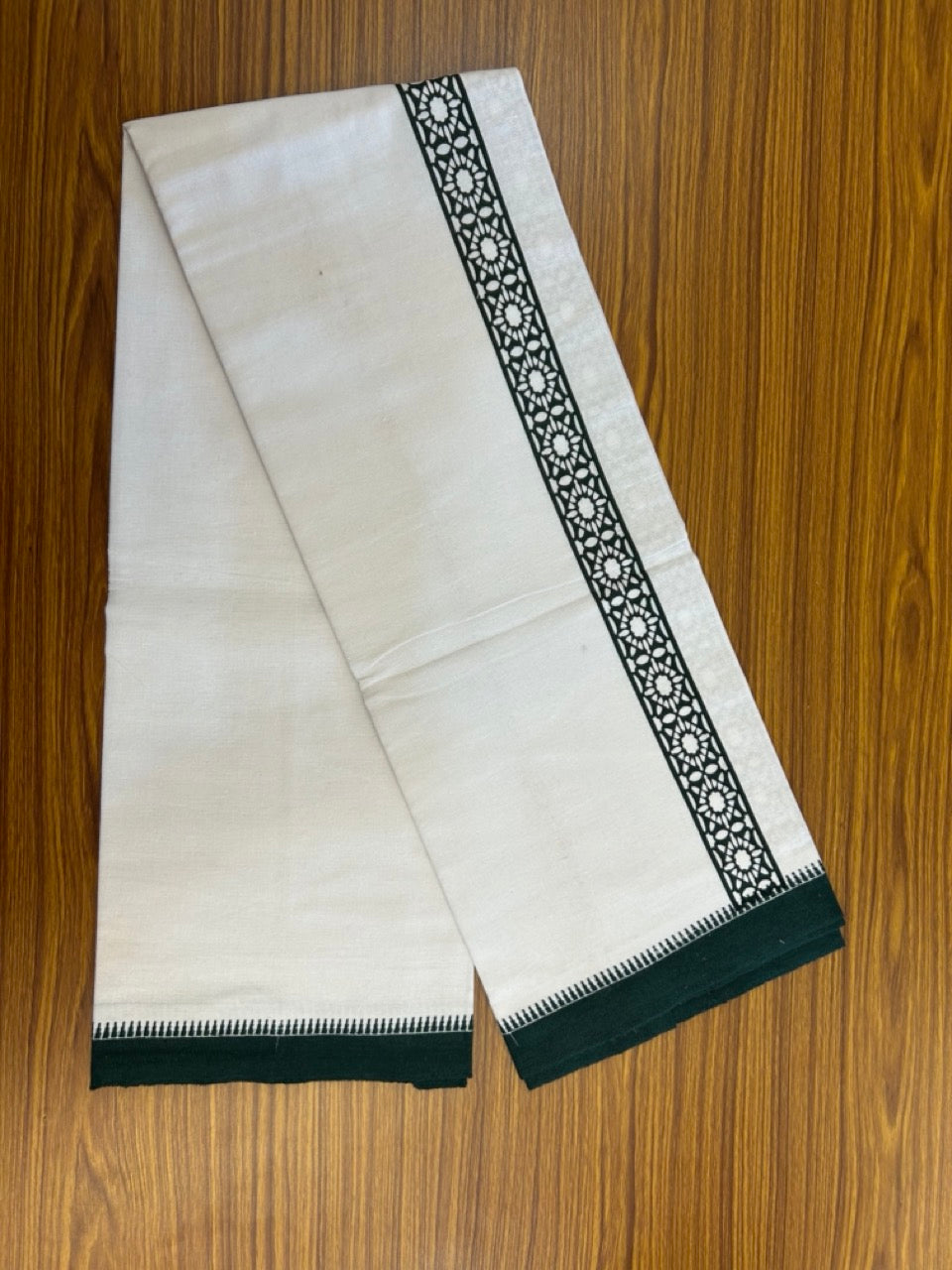 Kaitharikada - Polyster + Cotton - 20s twisted - Pure white Single Kaily / Lungi - 1.5 inch Dark Green Printed Kuppadam Border with White colour body (2 meter / 4 muzham) -  8 KK8035 GAN