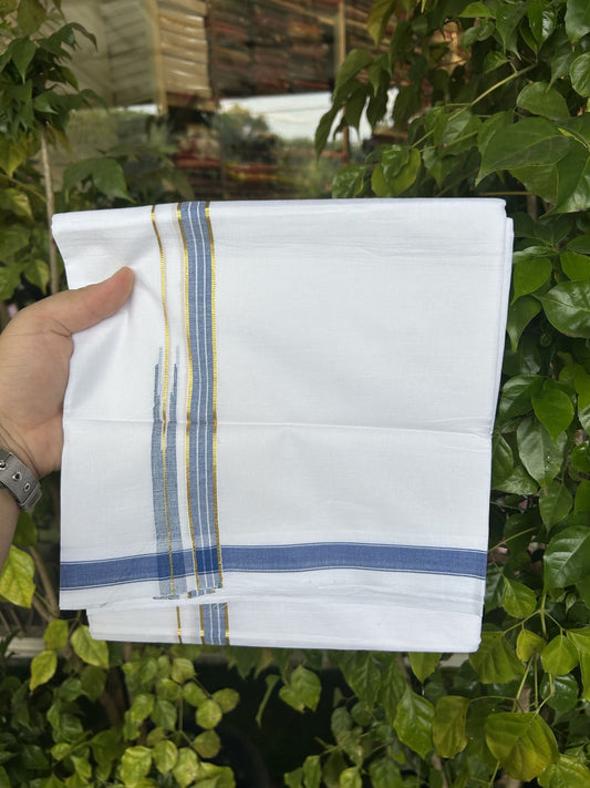 20% Discount!! Kaitharikada Balaramapuram 100% Pure Cotton Pure White Double Mundu/Dothi - 100x80 - 1.5 cm Blue & Gold Kasav Shaded Puliyilakkara One Side Chutty Kara 3.90 m (8 muzham) - 21 KK5318 CKS