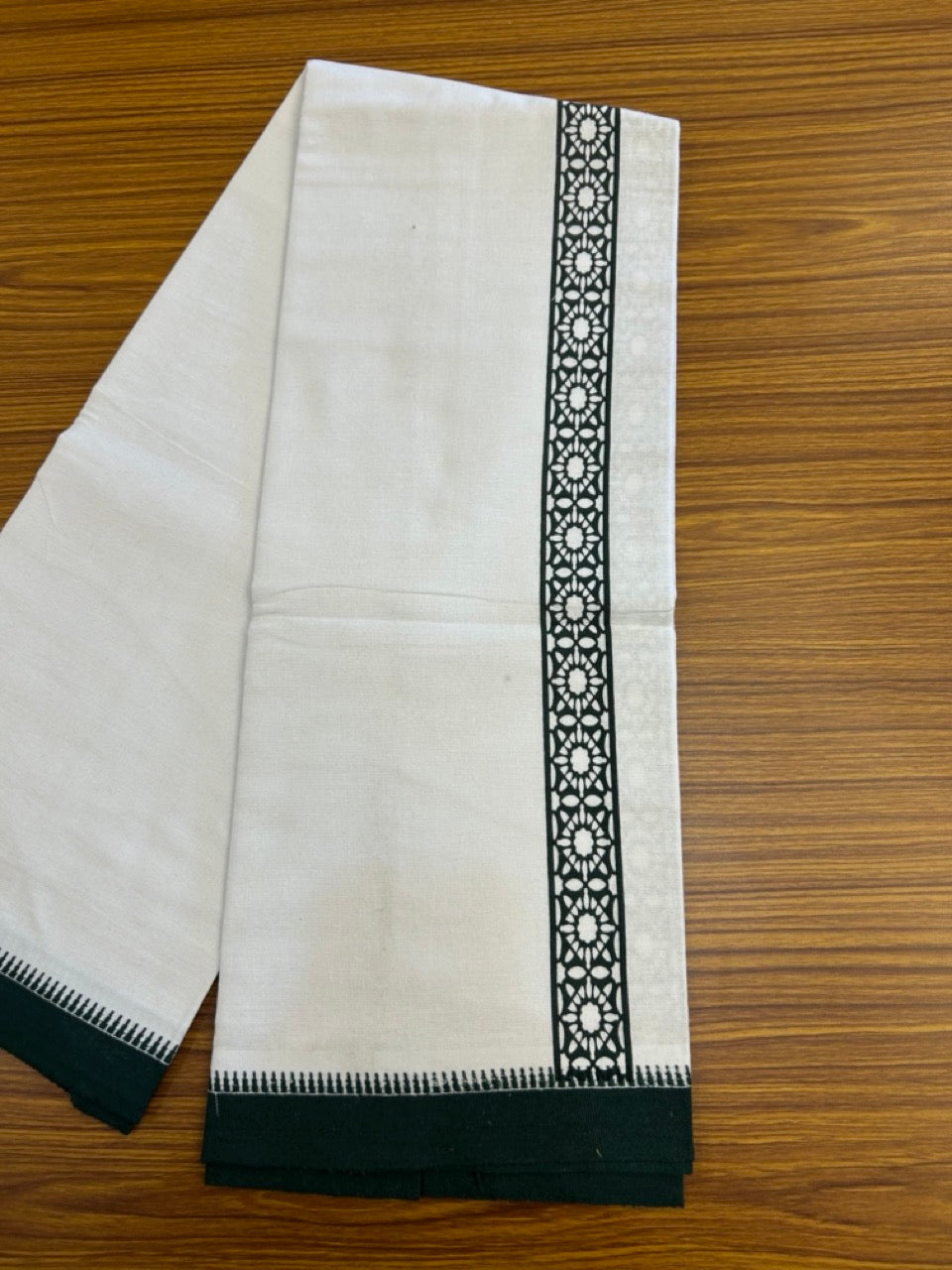 Kaitharikada - Polyster + Cotton - 20s twisted - Pure white Single Kaily / Lungi - 1.5 inch Dark Green Printed Kuppadam Border with White colour body (2 meter / 4 muzham) -  8 KK8035 GAN