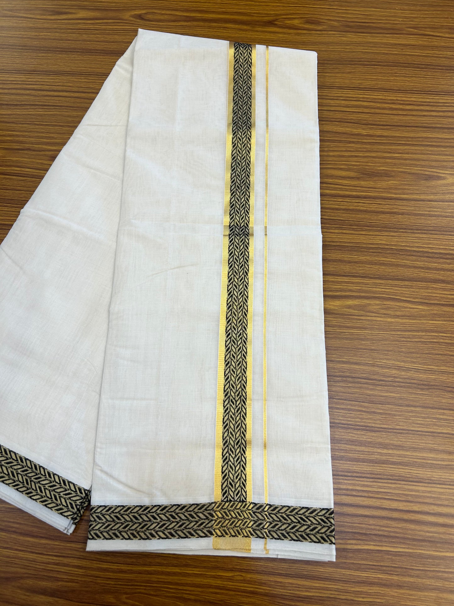 25% Discount ! KaithariKada Handloom Unakkupaav Kerala Handloom - 100% Pure Cotton Off White (Unbleached) Double Mundu/Dhoti - 100x80 - 1.5 Inch Gold kasav & Black Jaquard Design Kara 4 mtr (8.5 muzham) - 22 KK5352 ABH