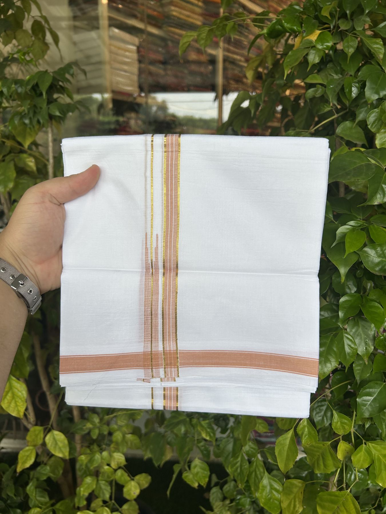 20% Discount!! Kaitharikada Balaramapuram 100% Pure Cotton Pure White Double Mundu/Dothi - 100x80 - 1.5 cm Light Orange & Gold Kasav Shaded Puliyilakkara One Side Chutty Kara 3.90 m (8 muzham) - 20 KK5318 CKS