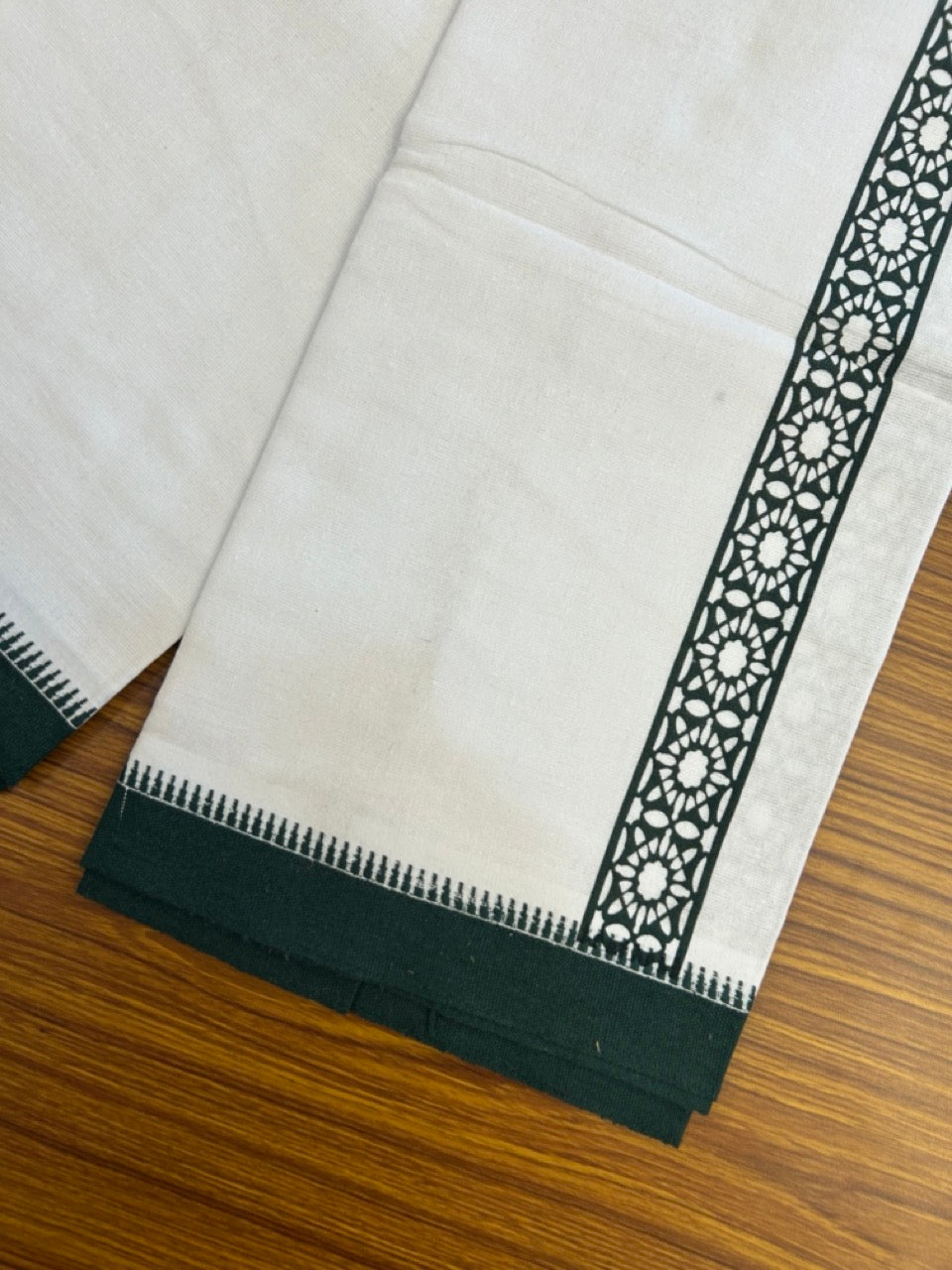 Kaitharikada - Polyster + Cotton - 20s twisted - Pure white Single Kaily / Lungi - 1.5 inch Dark Green Printed Kuppadam Border with White colour body (2 meter / 4 muzham) -  8 KK8035 GAN
