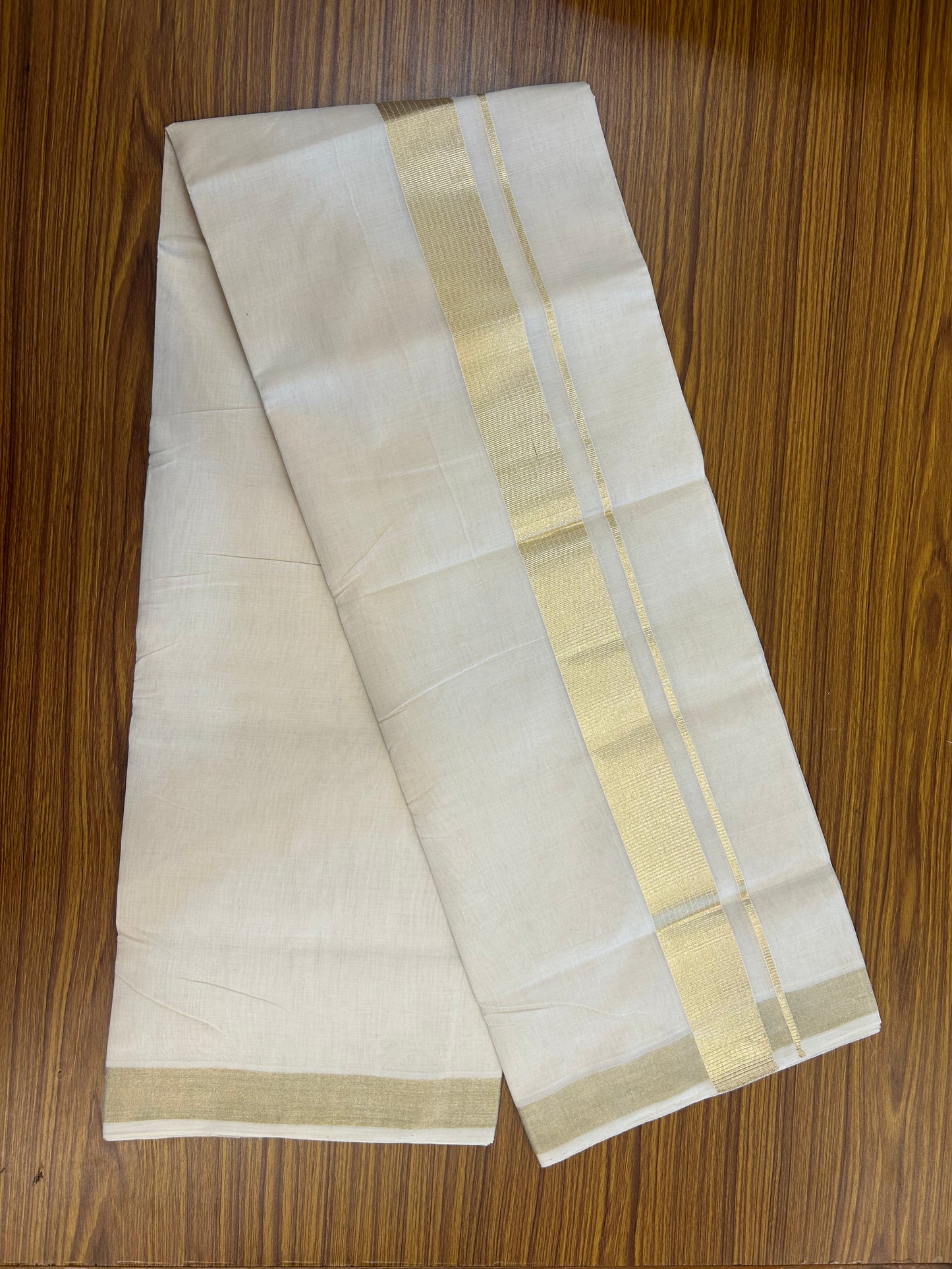 25% Discount ! KaithariKada Handloom Unakkupaav Kerala Handloom - 100% Pure Cotton Off White (Unbleached) Double Mundu/Dhoti - 100x80 - 1.75 Inch Light Gold Stripes Kara 4 mtr (8.5 muzham)- 20 KK5352 ABH