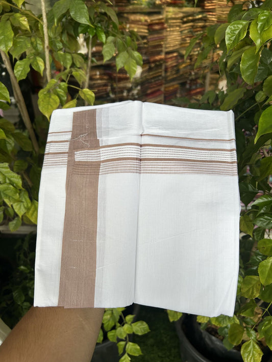 20% Discount!! KaithariKada Balaramapuram 100% Cotton Double Pure White Mundu/Dhoti - 100x100 - 1.25 inch Dusty Peach Striped Kara 3.96 mtr (8 muzham) - 22 KK5318 GAN