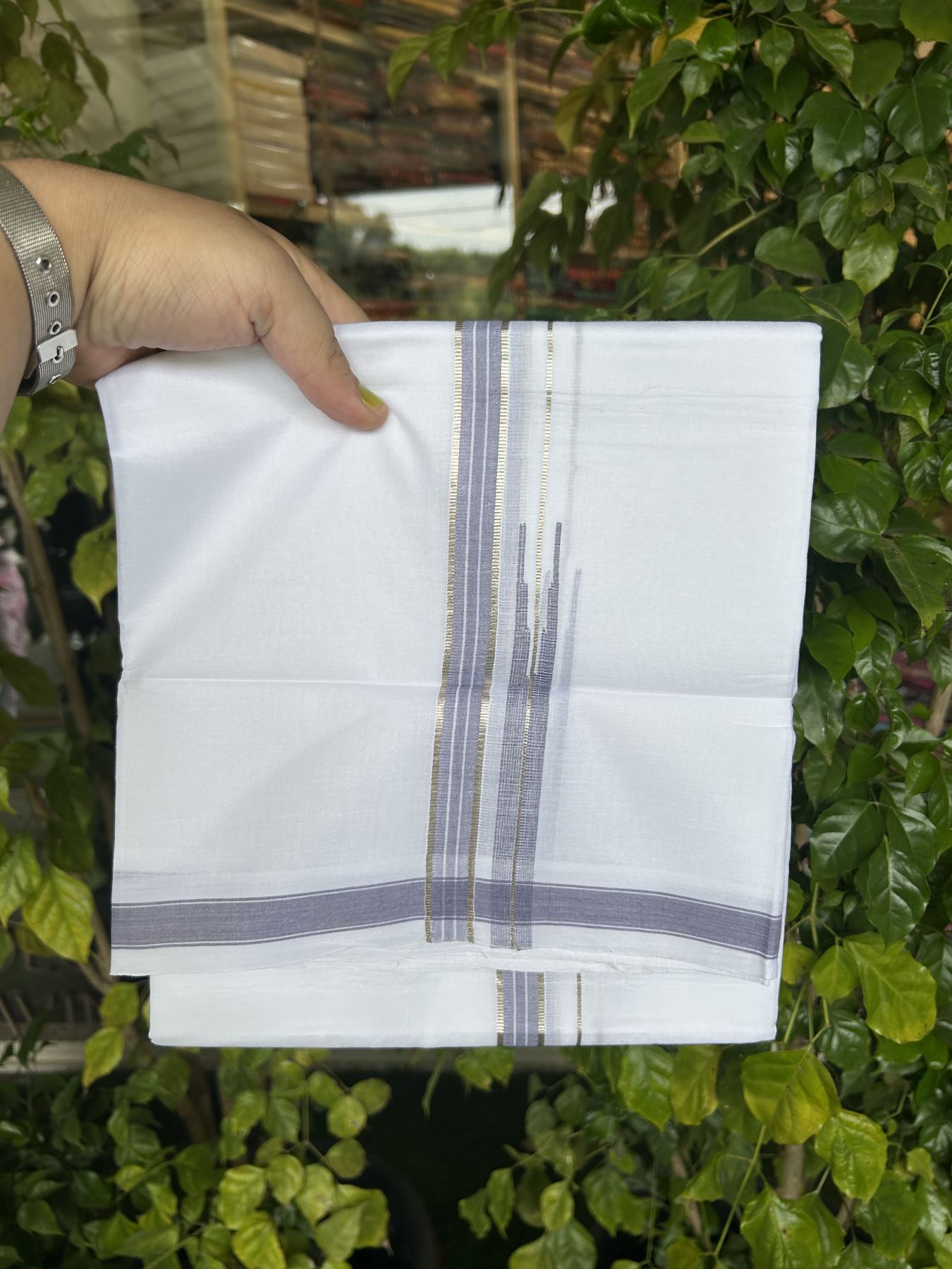 20% Discount!! Kaitharikada Balaramapuram 100% Pure Cotton Pure White Double Mundu/Dothi - 100x80 - 1.5 cm Lavender & Silver Kasav Puliyilakkara One Side Chutty Kara 3.90 m (8 muzham) -15 KK5318 CKS