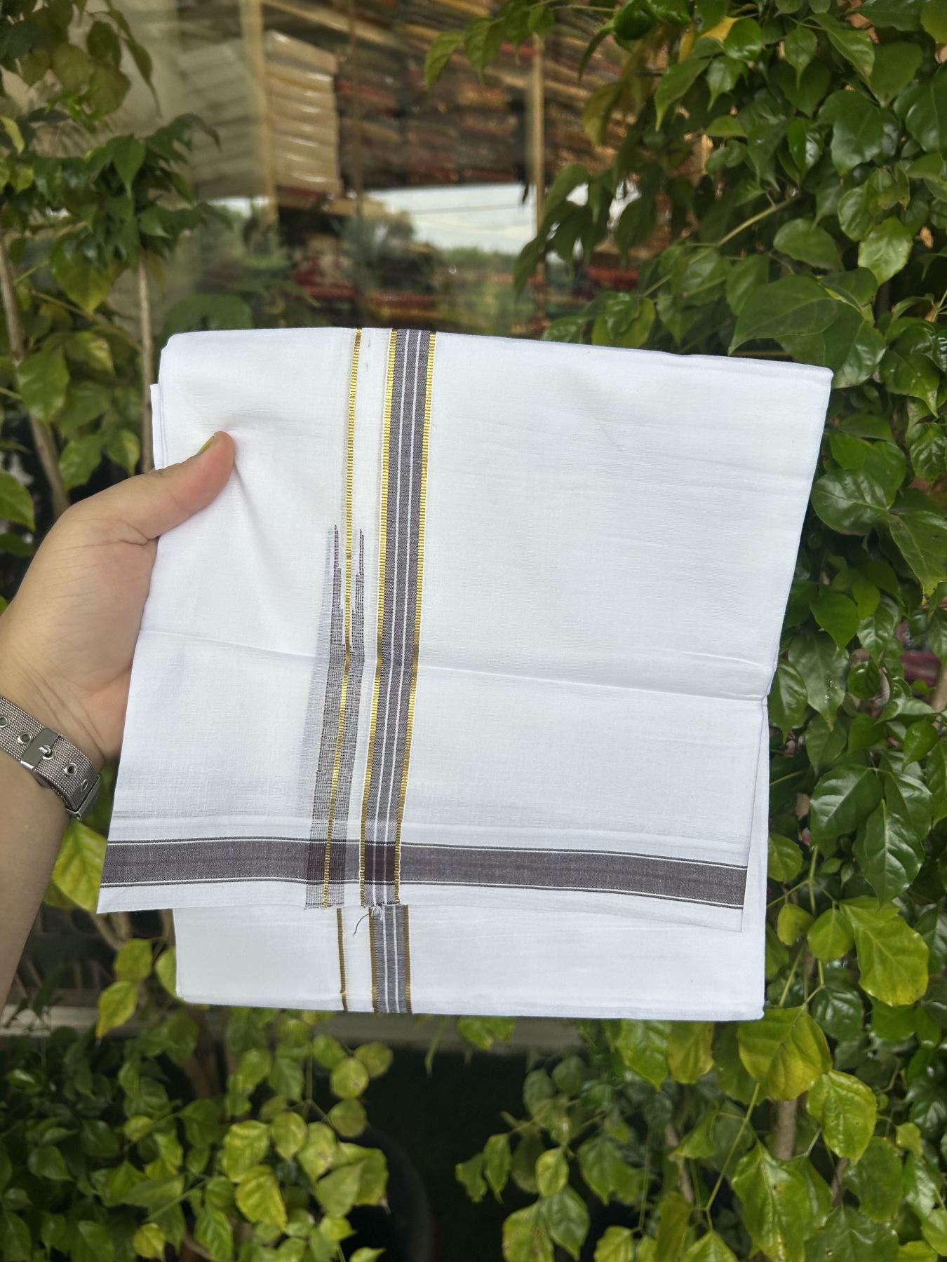 20% Discount!! Kaitharikada Balaramapuram 100% Pure Cotton Pure White Double Mundu/Dothi - 100x80 - 1.5 cm Brown & Gold Kasav Puliyilakkara One Side Chutty Kara 3.90 m (8 muzham) - 18 KK5318 CKS