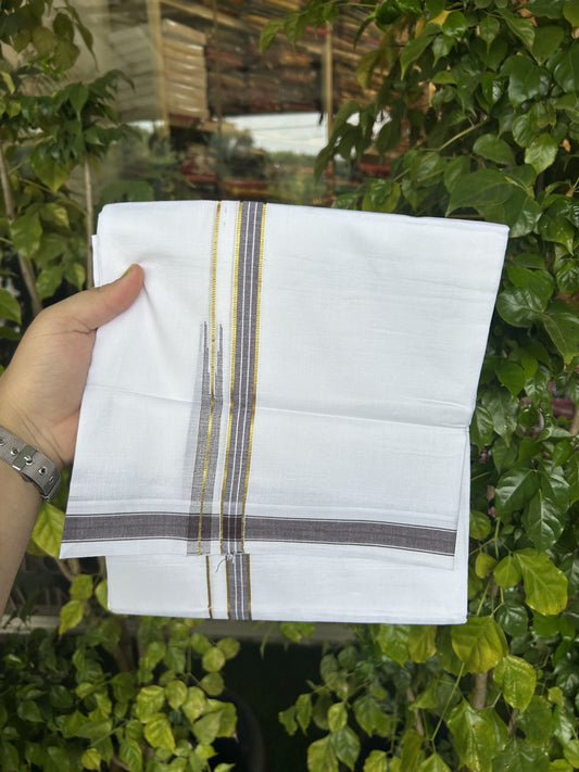 20% Discount!! Kaitharikada Balaramapuram 100% Pure Cotton Pure White Double Mundu/Dothi - 100x80 - 1.5 cm Brown & Gold Kasav Puliyilakkara One Side Chutty Kara 3.90 m (8 muzham) - 18 KK5318 CKS