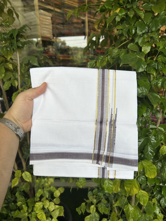 20% Discount!! Kaitharikada Balaramapuram 100% Pure Cotton Pure White Double Mundu/Dothi - 100x80 - 1.5 cm Brown & Gold Kasav Shaded Puliyilakkara One Side Chutty Kara 3.90 m (8 muzham) - 19 KK5318 CKS