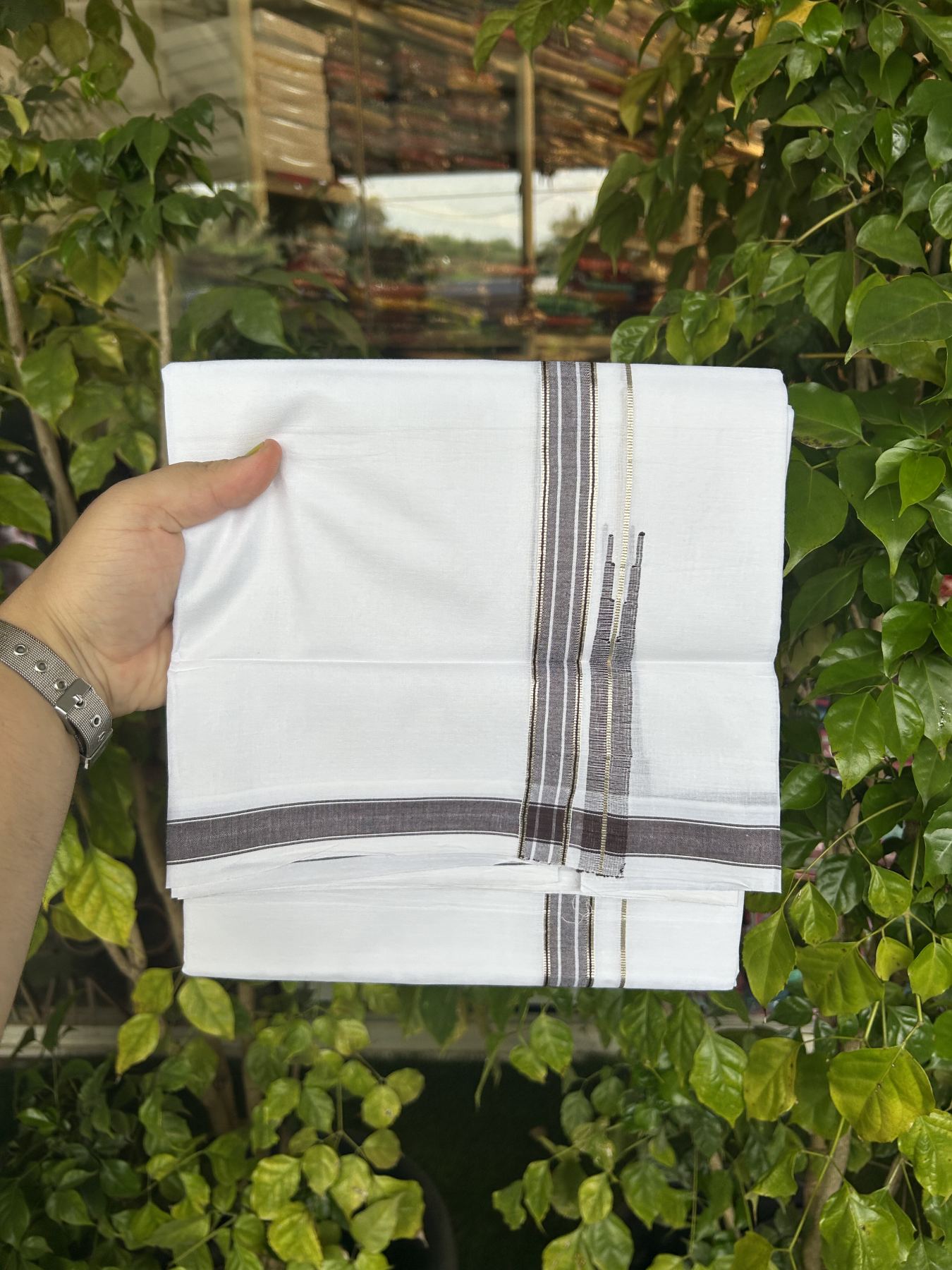 20% Discount!! Kaitharikada Balaramapuram 100% Pure Cotton Pure White Double Mundu/Dothi - 100x80 - 1.5 cm Brown & Silver Kasav Puliyilakkara One Side Chutty Kara 3.90 m (8 muzham) -14 KK5318 CKS