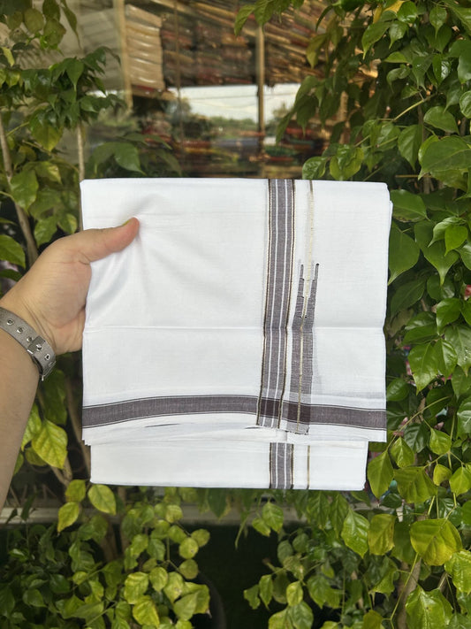 20% Discount!! Kaitharikada Balaramapuram 100% Pure Cotton Pure White Double Mundu/Dothi - 100x80 - 1.5 cm Brown & Silver Kasav Puliyilakkara One Side Chutty Kara 3.90 m (8 muzham) -14 KK5318 CKS