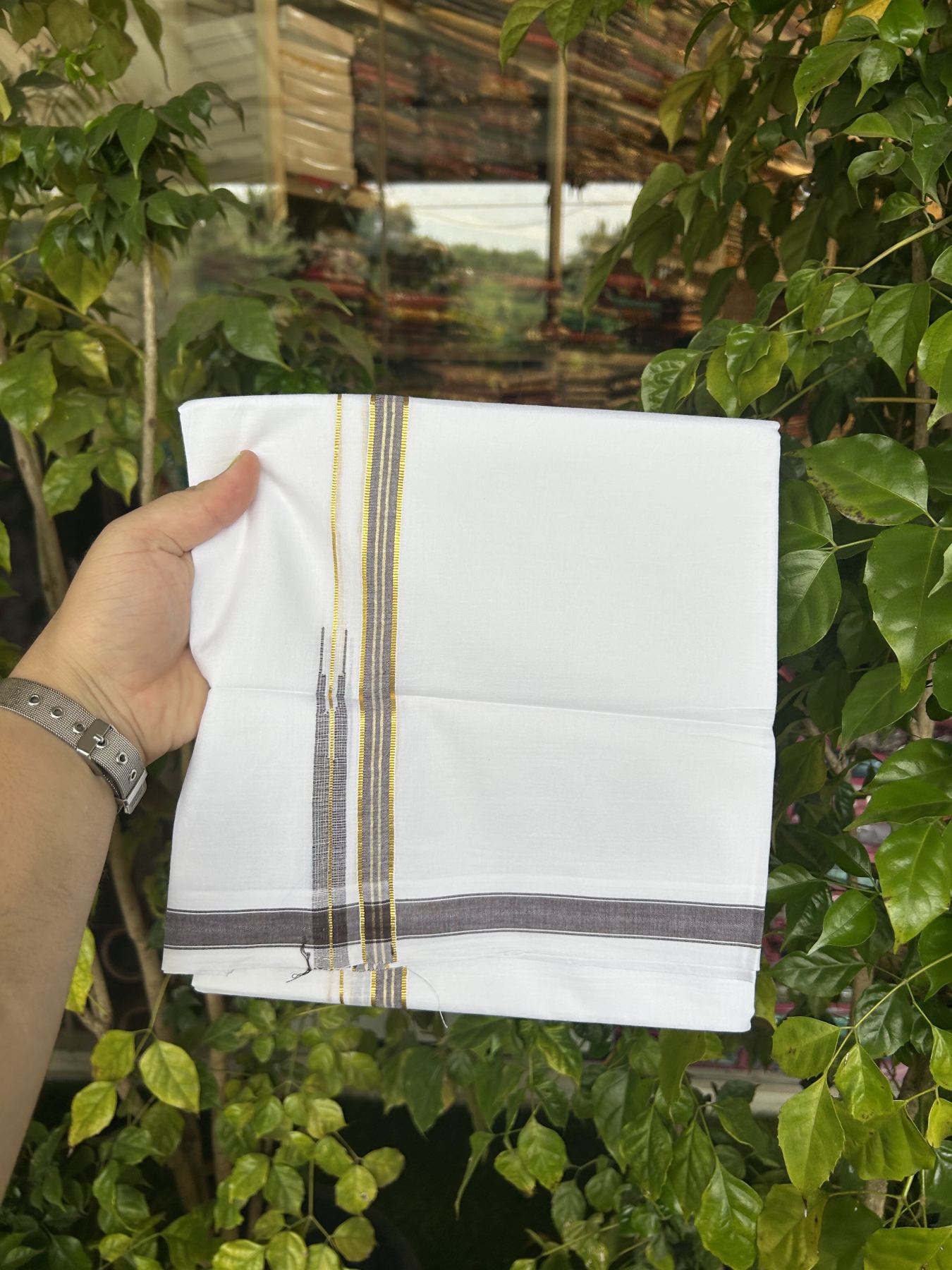 20% Discount!! Kaitharikada Balaramapuram 100% Pure Cotton Pure White Double Mundu/Dothi - 100x80 - 1.5 cm Brown & Gold Kasav Puliyilakkara One Side Chutty Kara 3.90 m (8 muzham) - 17 KK5318 CKS