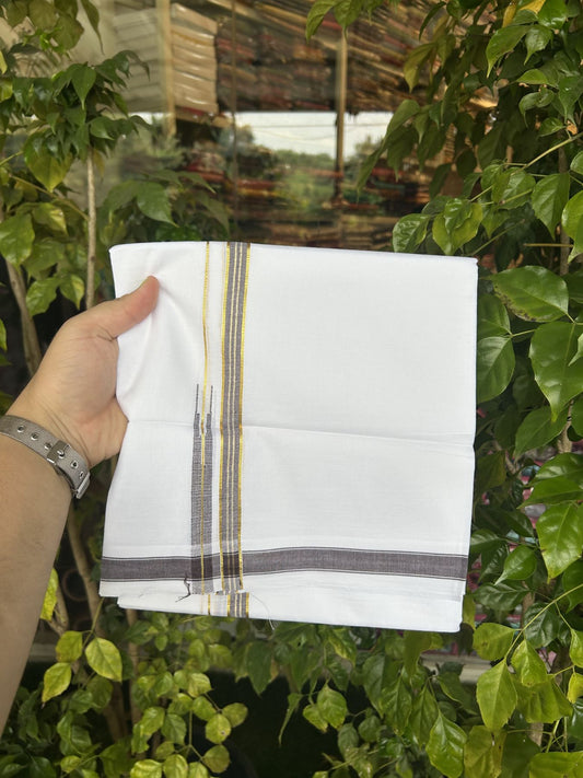 20% Discount!! Kaitharikada Balaramapuram 100% Pure Cotton Pure White Double Mundu/Dothi - 100x80 - 1.5 cm Brown & Gold Kasav Puliyilakkara One Side Chutty Kara 3.90 m (8 muzham) - 17 KK5318 CKS
