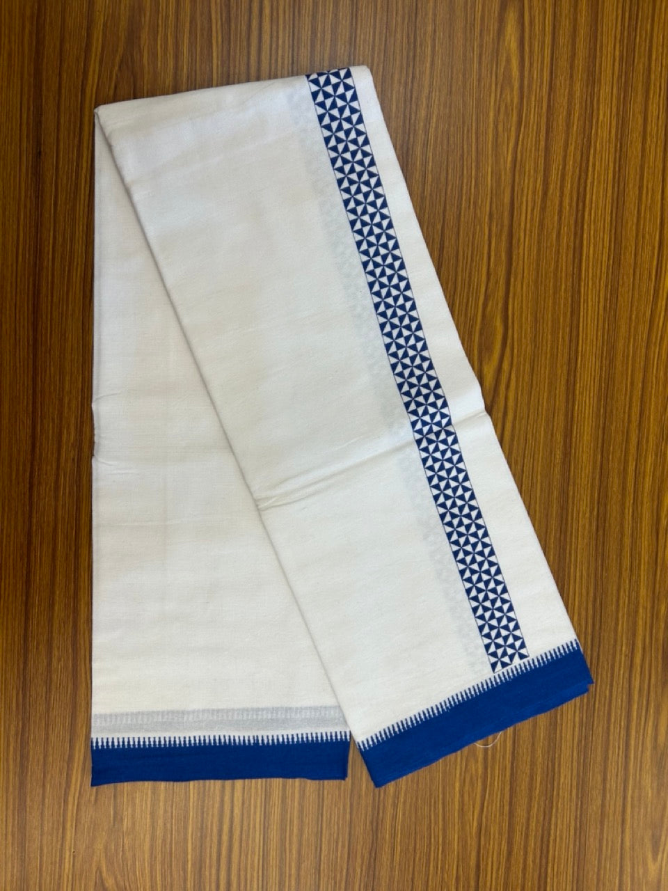 Kaitharikada - Polyster + Cotton - 20s twisted - Pure white Single Kaily / Lungi - 1.5 inch Blue Printed Kuppadam Border with White colour body (2 meter / 4 muzham) - 3 KK8035 GAN