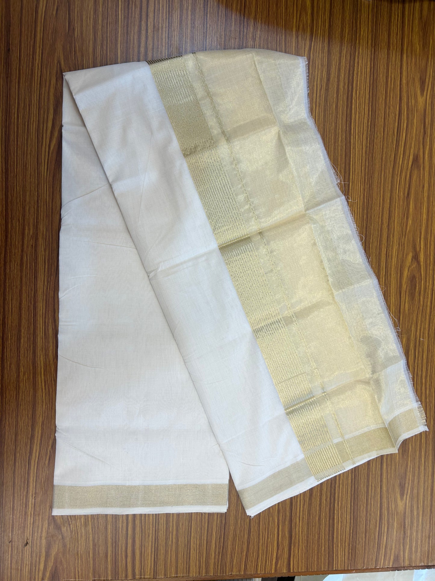 25% Discount ! KaithariKada Handloom Unakkupaav-Kerala Handloom - Pure Cotton Off White - (Unbleached) Double Mundu/Dhoti - (100X80) - 7 inch Light Gold Kasav Striped & Half Tissue Kara - 4 mtr (8.5 Muzham) - 32 KK5352 ABH