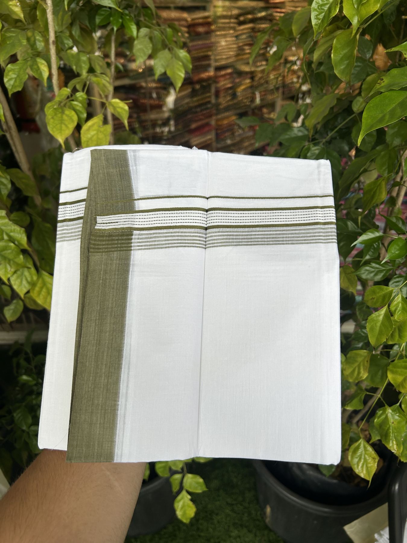 20% Discount!! KaithariKada Balaramapuram 100% Cotton Double Pure White Mundu/Dhoti - 100x100 - 1.25 inch Olive Green Striped Kara 3.96 mtr (8 muzham) - 1 KK5318 GAN