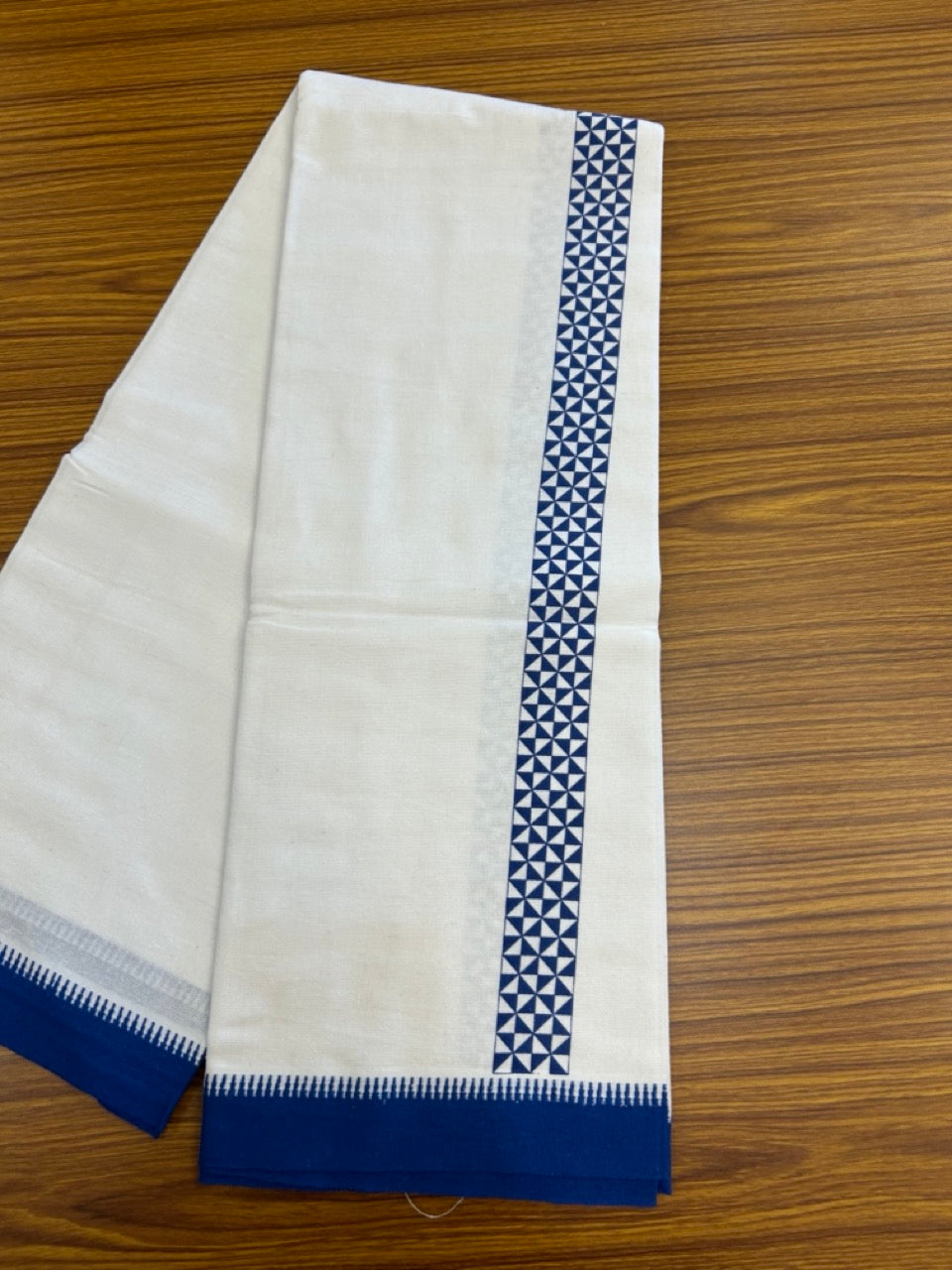 Kaitharikada - Polyster + Cotton - 20s twisted - Pure white Single Kaily / Lungi - 1.5 inch Blue Printed Kuppadam Border with White colour body (2 meter / 4 muzham) - 3 KK8035 GAN