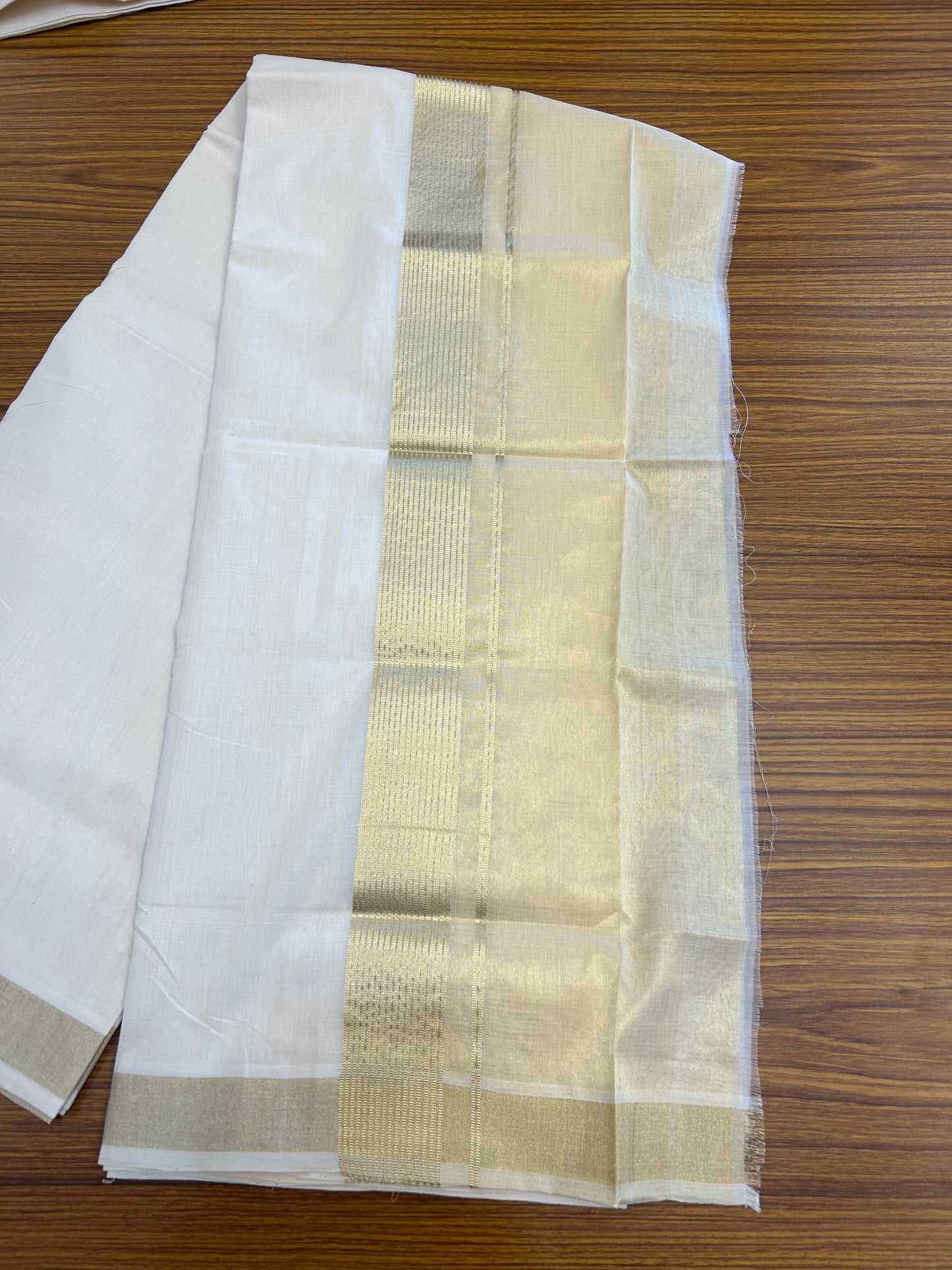 25% Discount ! KaithariKada Handloom Unakkupaav-Kerala Handloom - Pure Cotton Off White - (Unbleached) Double Mundu/Dhoti - (100X80) - 7 inch Light Gold Kasav Striped & Half Tissue Kara - 4 mtr (8.5 Muzham) - 32 KK5352 ABH