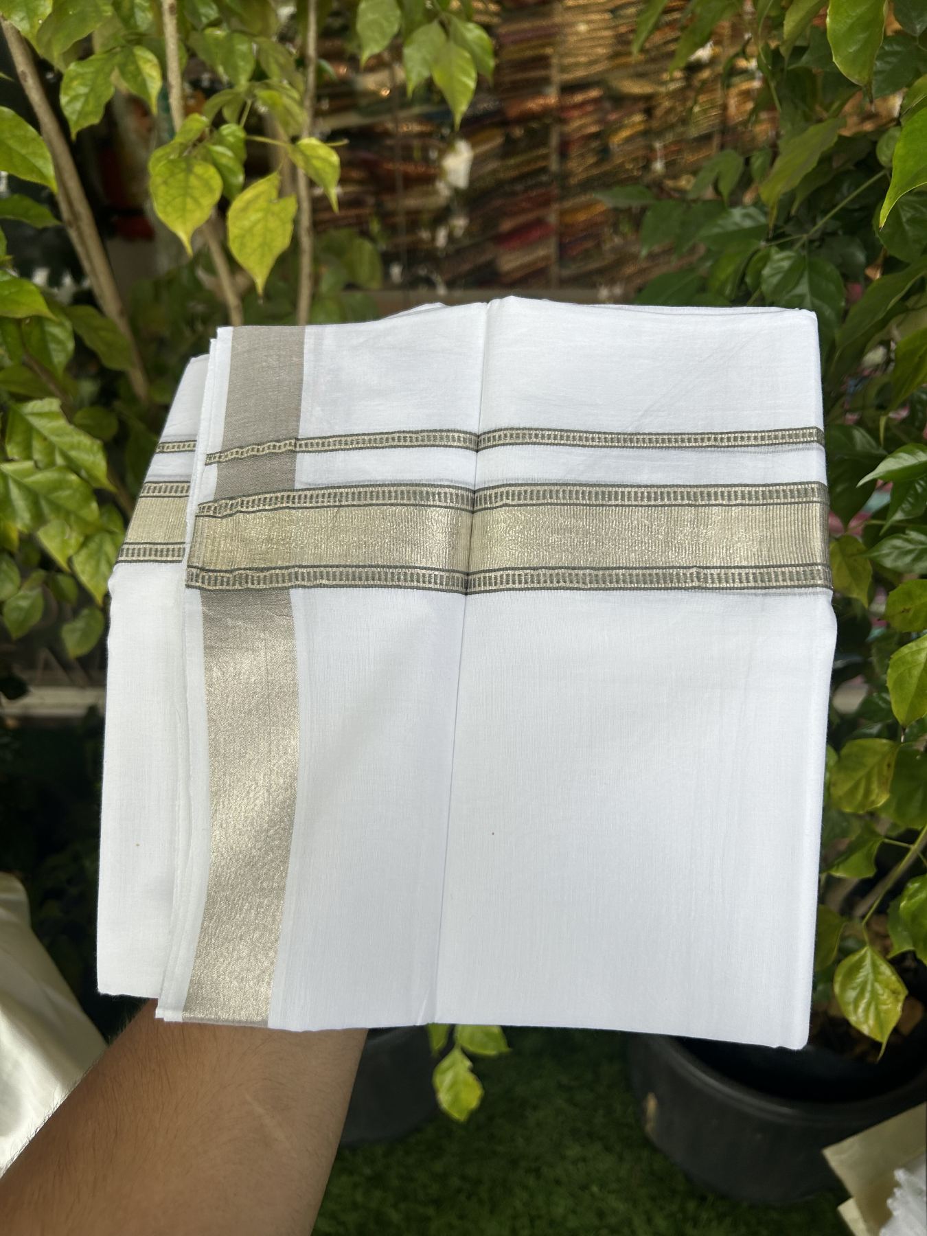 20% Discount!! KaithariKada Balaramapuram 100% Cotton Double Pure White Mundu/Dhoti - 100x100 - 1.5 inch Silver Kasav & Sage Green Design Kara 3.90 mtr (8 muzham) - 4 KK5318 GAN