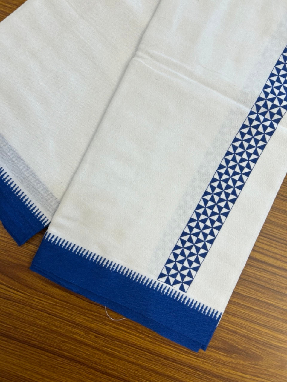 Kaitharikada - Polyster + Cotton - 20s twisted - Pure white Single Kaily / Lungi - 1.5 inch Blue Printed Kuppadam Border with White colour body (2 meter / 4 muzham) - 3 KK8035 GAN