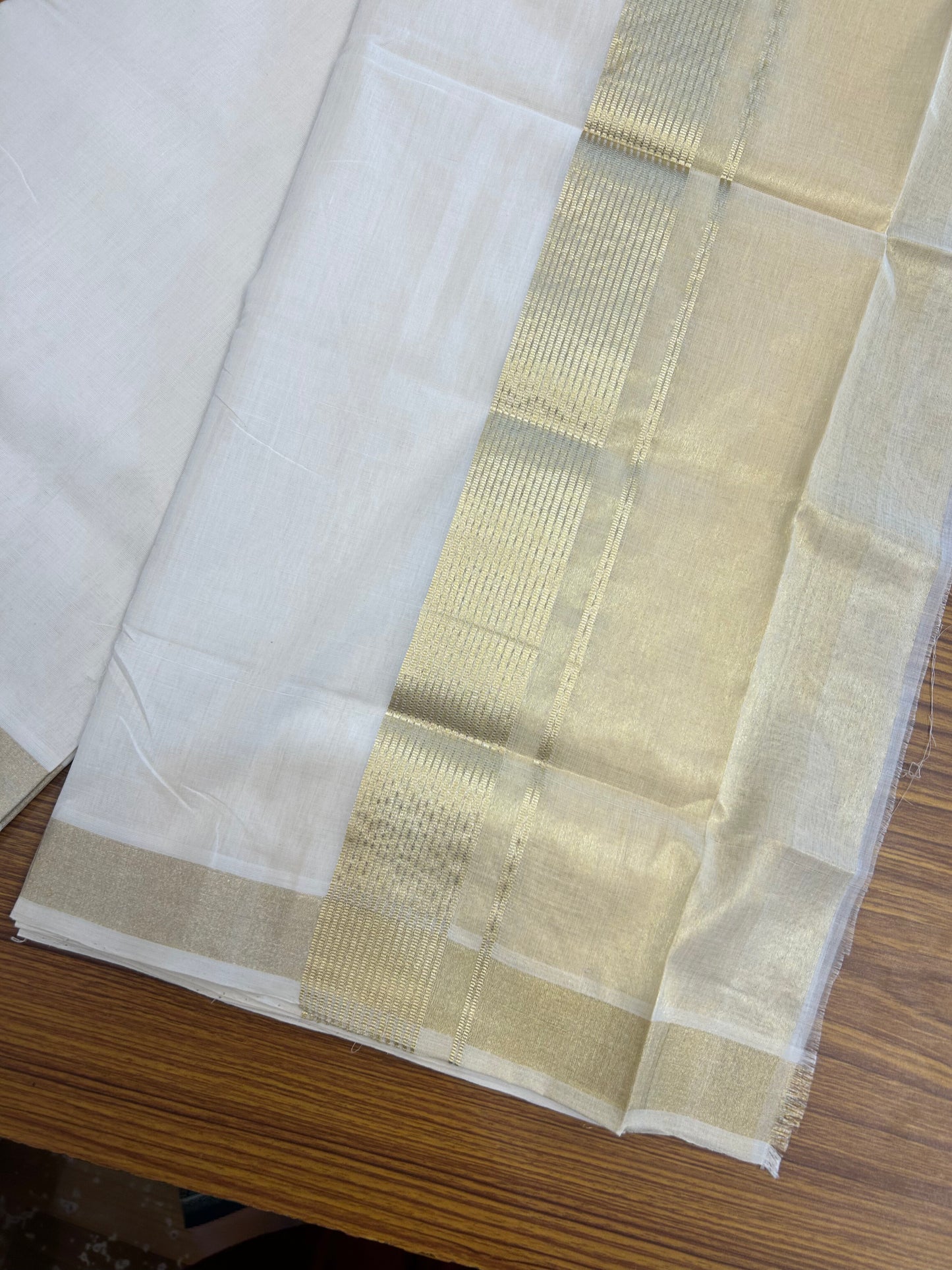 25% Discount ! KaithariKada Handloom Unakkupaav-Kerala Handloom - Pure Cotton Off White - (Unbleached) Double Mundu/Dhoti - (100X80) - 7 inch Light Gold Kasav Striped & Half Tissue Kara - 4 mtr (8.5 Muzham) - 32 KK5352 ABH