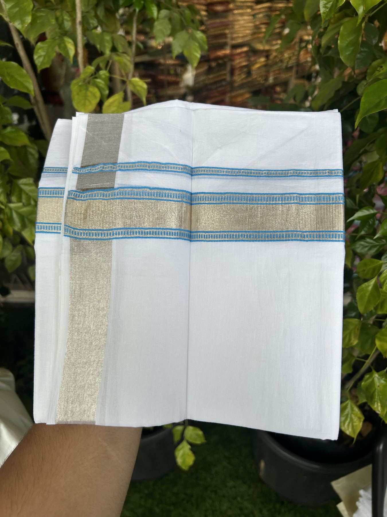20% Discount!! KaithariKada Balaramapuram 100% Cotton Double Pure White Mundu/Dhoti - 100x100 - 1.5 inch Silver Kasav & Light Blue Design Kara 3.90 mtr (8 muzham) - 3 KK5318 GAN
