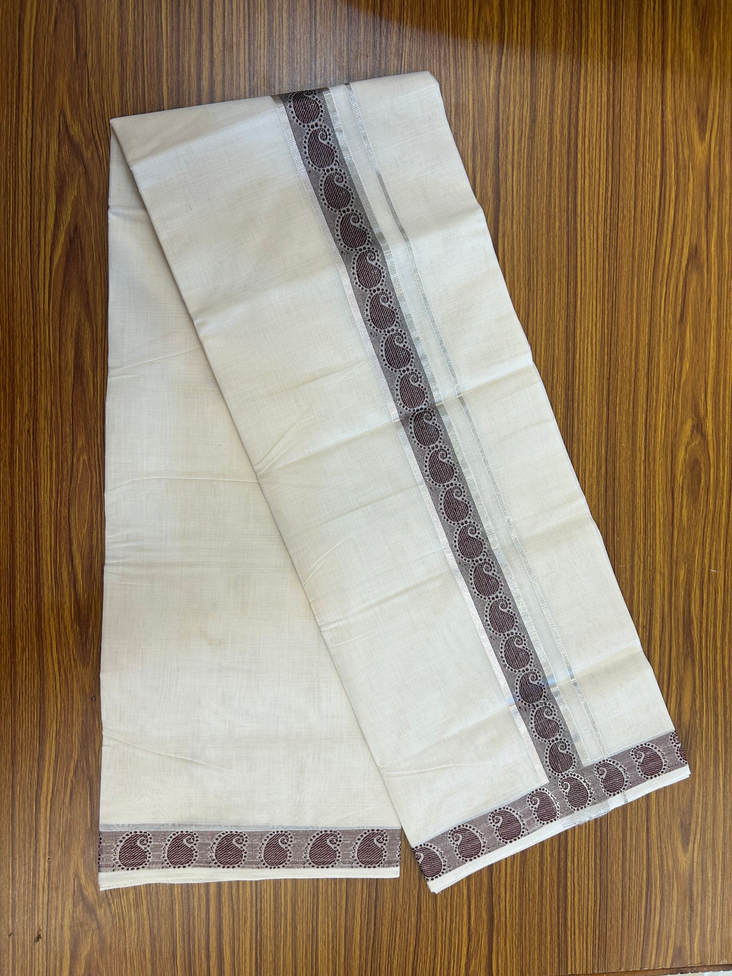 25% Discount ! KaithariKada Handloom Unakkupaav Kerala Handloom - 100% Pure Cotton Off White (Unbleached) Double Mundu/Dhoti - 100x80 - 1.75 Inch Silver kasav & Coffee Brown Jaquard Design Kara 4 mtr (8.5 muzham) - 23 KK5352 ABH