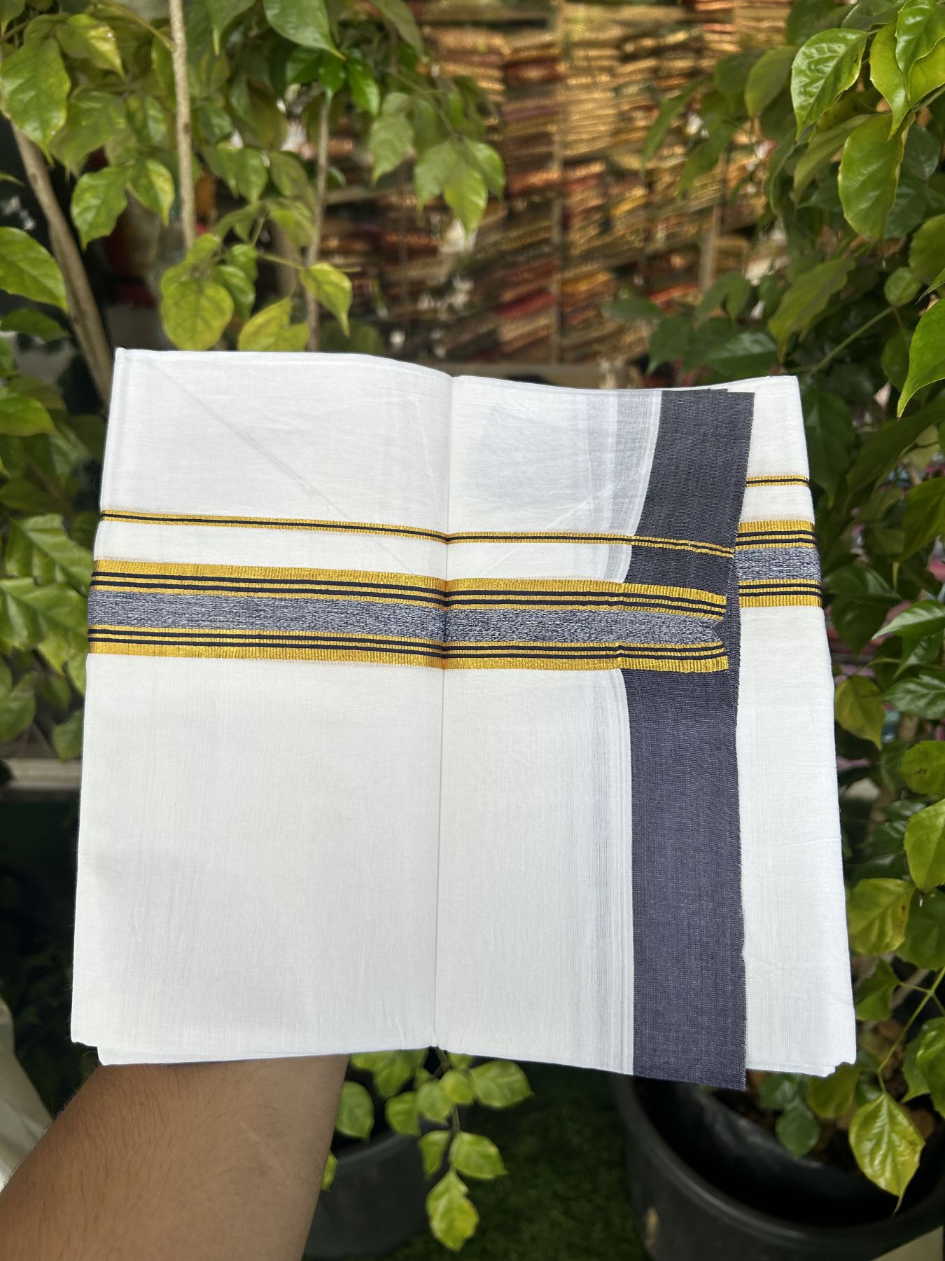 20% Discount! KaithariKada Balaramapuram 100% Cotton Double Pure white Mundu/Dhoti- 100x80 - 1.25 inch Gold Kasav & Dark Blue Stripes kara 3.75 mtr ( 8 muzham) - 13 KK5318 VAS