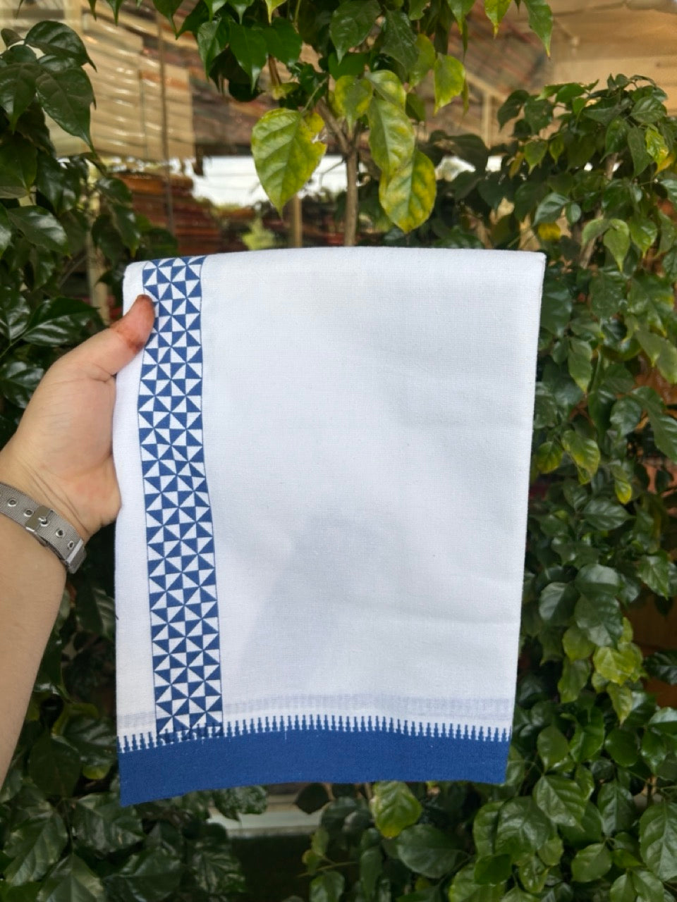 Kaitharikada - Polyster + Cotton - 20s twisted - Pure white Single Kaily / Lungi - 1.5 inch Blue Printed Kuppadam Border with White colour body (2 meter / 4 muzham) - 3 KK8035 GAN
