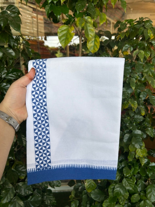 Kaitharikada - Polyster + Cotton - 20s twisted - Pure white Single Kaily / Lungi - 1.5 inch Blue Printed Kuppadam Border with White colour body (2 meter / 4 muzham) - 3 KK8035 GAN