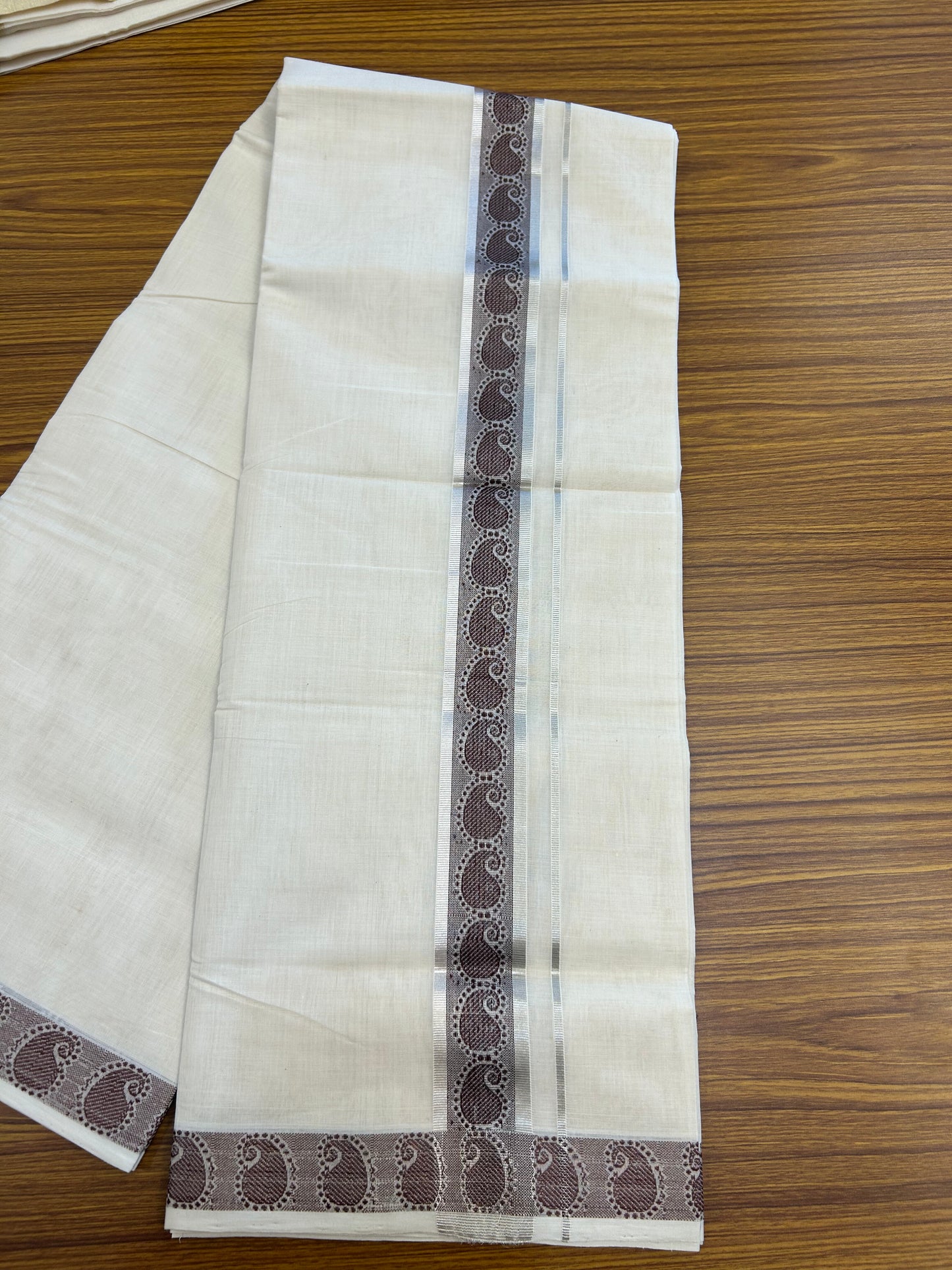 25% Discount ! KaithariKada Handloom Unakkupaav Kerala Handloom - 100% Pure Cotton Off White (Unbleached) Double Mundu/Dhoti - 100x80 - 1.75 Inch Silver kasav & Coffee Brown Jaquard Design Kara 4 mtr (8.5 muzham) - 23 KK5352 ABH