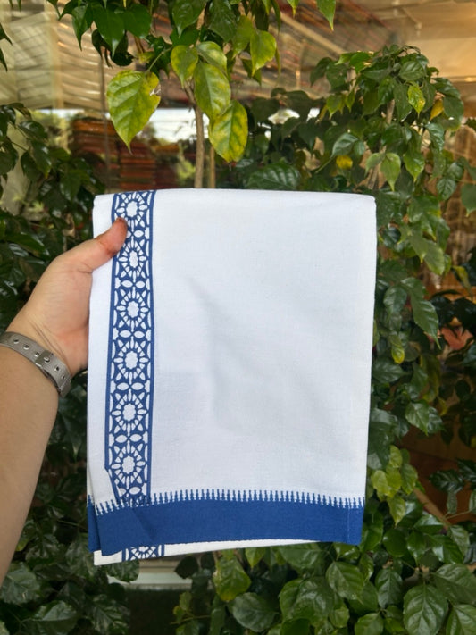 Kaitharikada - Polyster + Cotton - 20s twisted - Pure white Single Kaily / Lungi - 1.5 inch Blue Printed Kuppadam Border with White colour body (2 meter / 4 muzham) - 1 KK8035 GAN