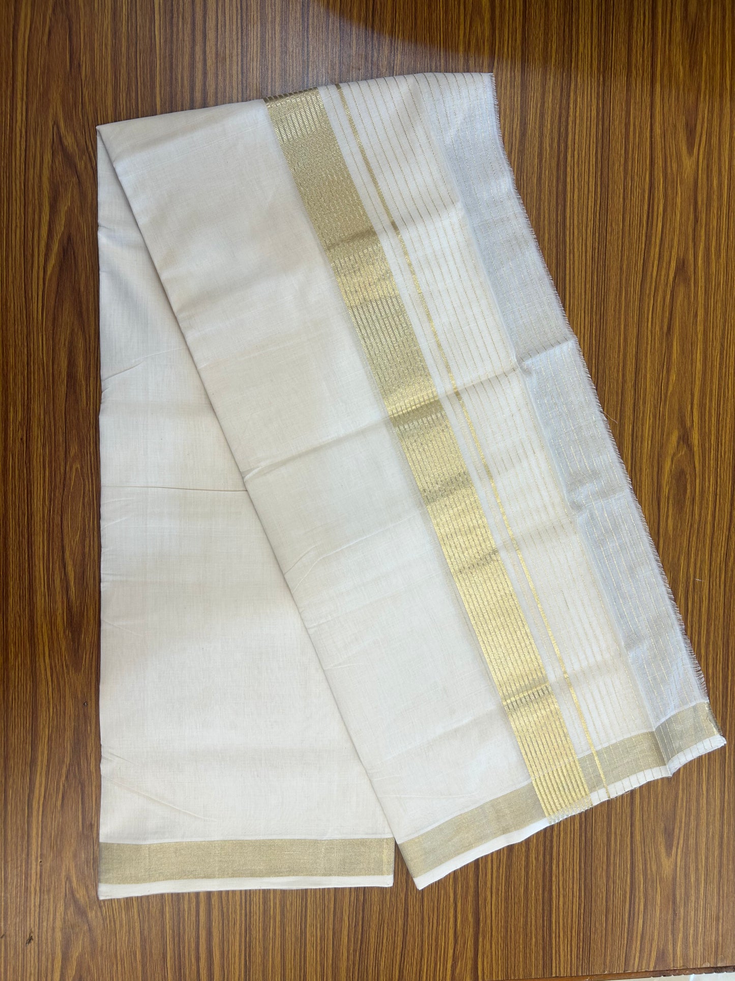25% Discount ! KaithariKada Handloom Unakkupaav Kerala Handloom - 100% Pure Cotton Off White (Unbleached) Double Mundu/Dhoti - 100x80 - 7 Inch Light Gold kasav Side Stripes Kara 4 mtr (8.5 muzham) - 24 KK5352 ABH