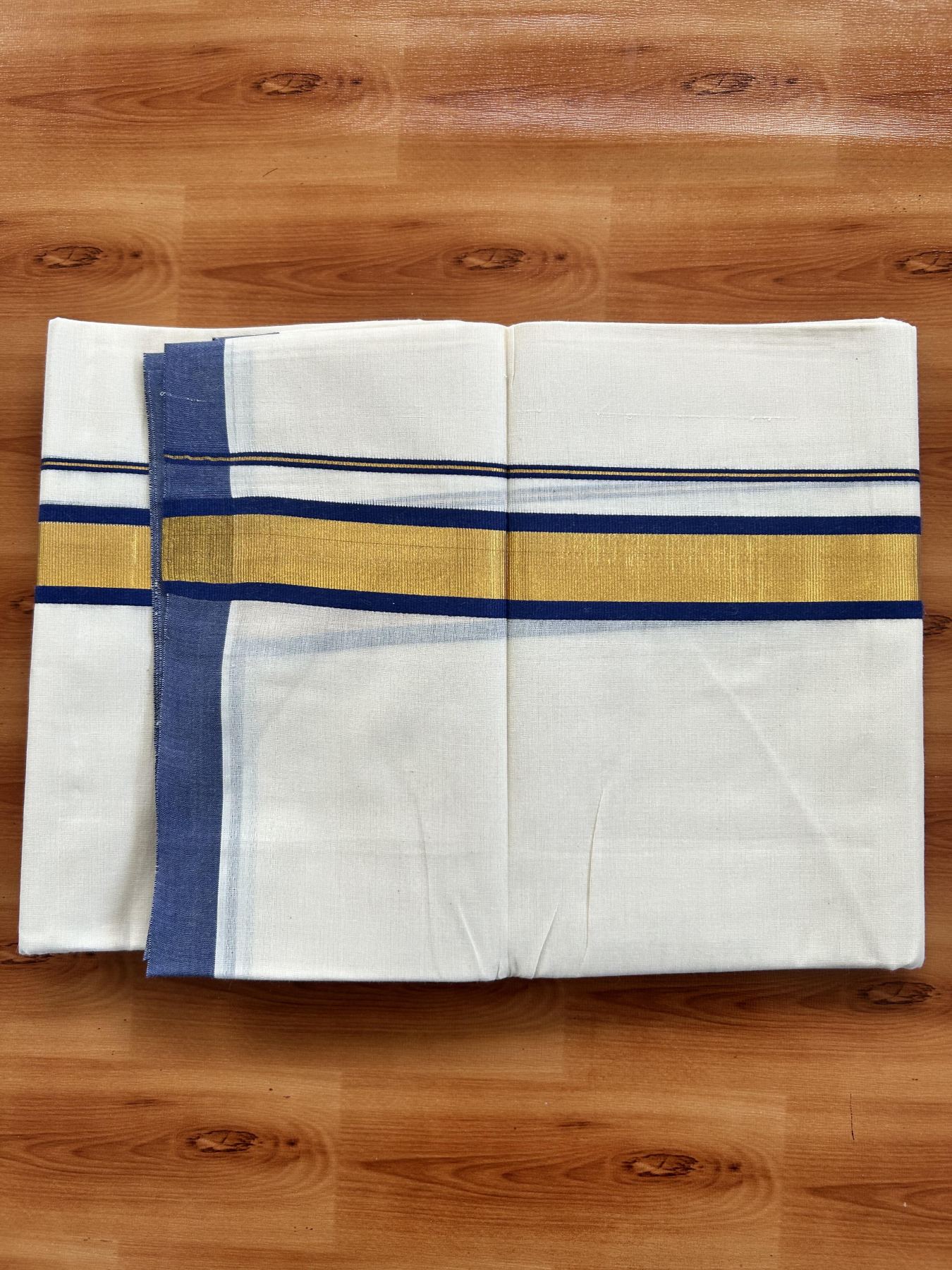Double Off White - (Unbleached) Mundu/Dhoti - 20% Discount! KaithariKada Balaramapuram Pure Cotton - 80s - 1.25 inch Gold Kasav & Blue Kara - 4 mtr (8.5 Muzham) - 40 KK5416 GAN
