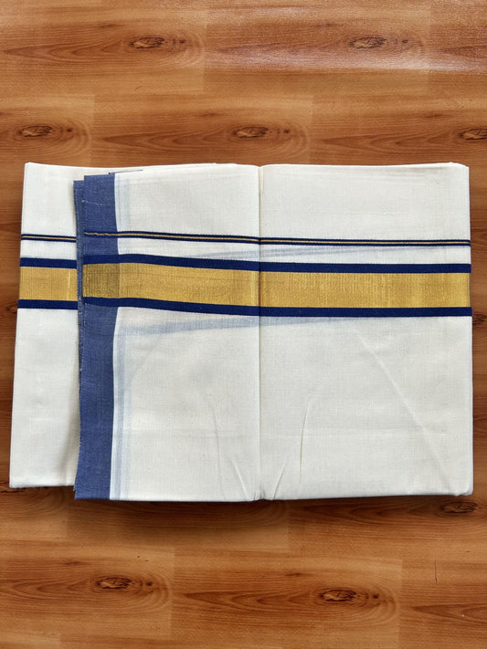 Double Off White - (Unbleached) Mundu/Dhoti - 20% Discount! KaithariKada Balaramapuram Pure Cotton - 80s - 1.25 inch Gold Kasav & Blue Kara - 4 mtr (8.5 Muzham) - 40 KK5416 GAN