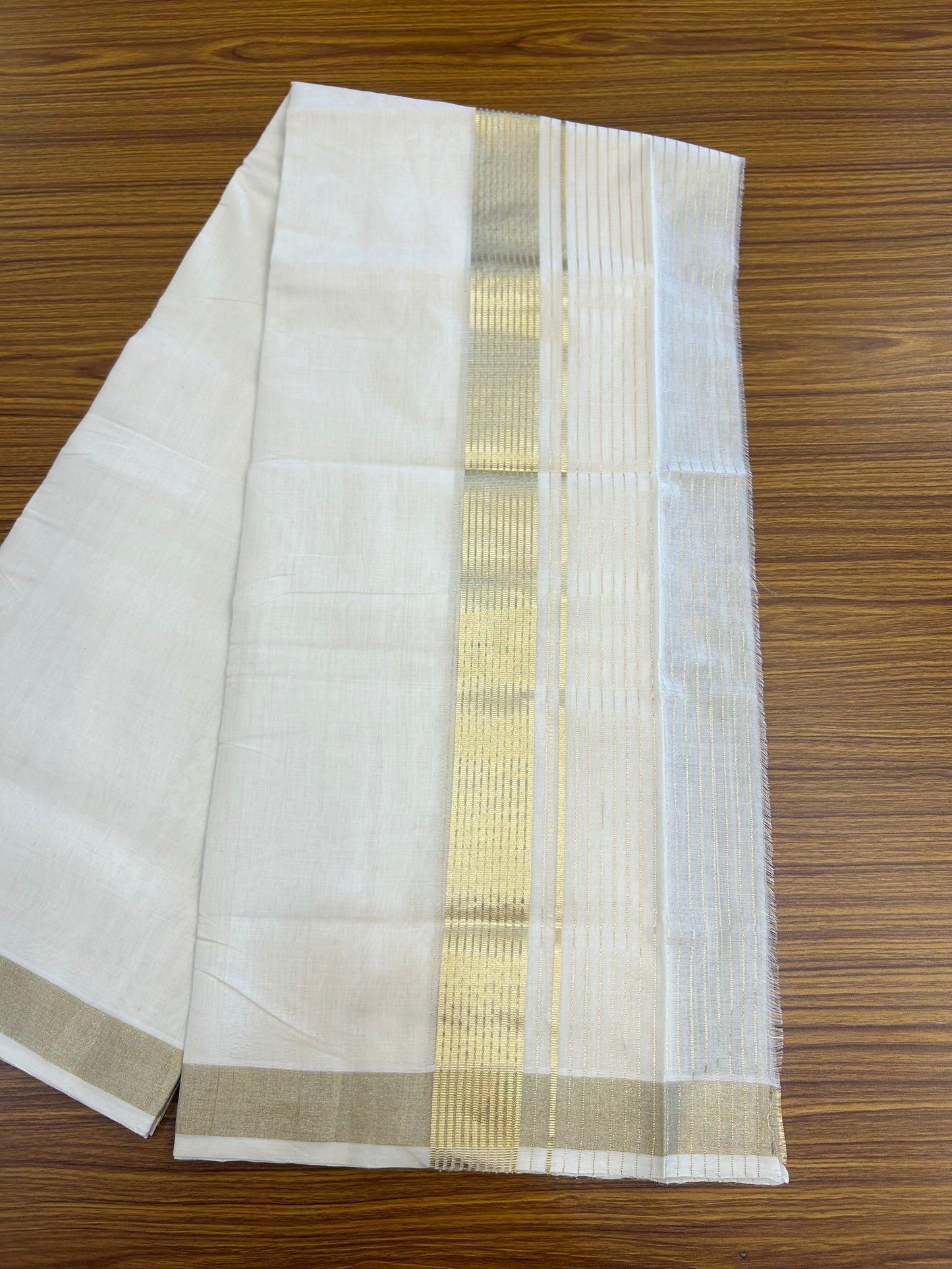 25% Discount ! KaithariKada Handloom Unakkupaav Kerala Handloom - 100% Pure Cotton Off White (Unbleached) Double Mundu/Dhoti - 100x80 - 7 Inch Light Gold kasav Side Stripes Kara 4 mtr (8.5 muzham) - 24 KK5352 ABH