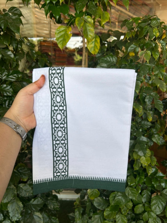 Kaitharikada - Polyster + Cotton - 20s twisted - Pure white Single Kaily / Lungi - 1.5 inch Dark Green Printed Kuppadam Border with White colour body (2 meter / 4 muzham) -  8 KK8035 GAN
