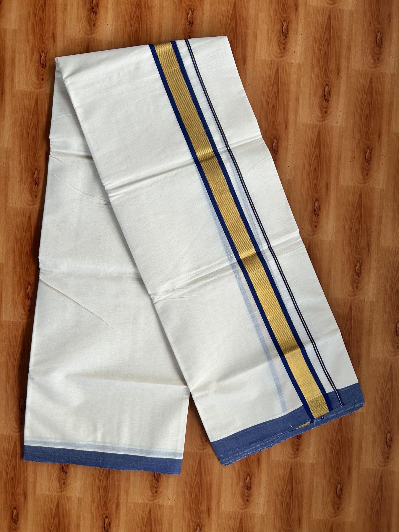 Double Off White - (Unbleached) Mundu/Dhoti - 20% Discount! KaithariKada Balaramapuram Pure Cotton - 80s - 1.25 inch Gold Kasav & Blue Kara - 4 mtr (8.5 Muzham) - 40 KK5416 GAN