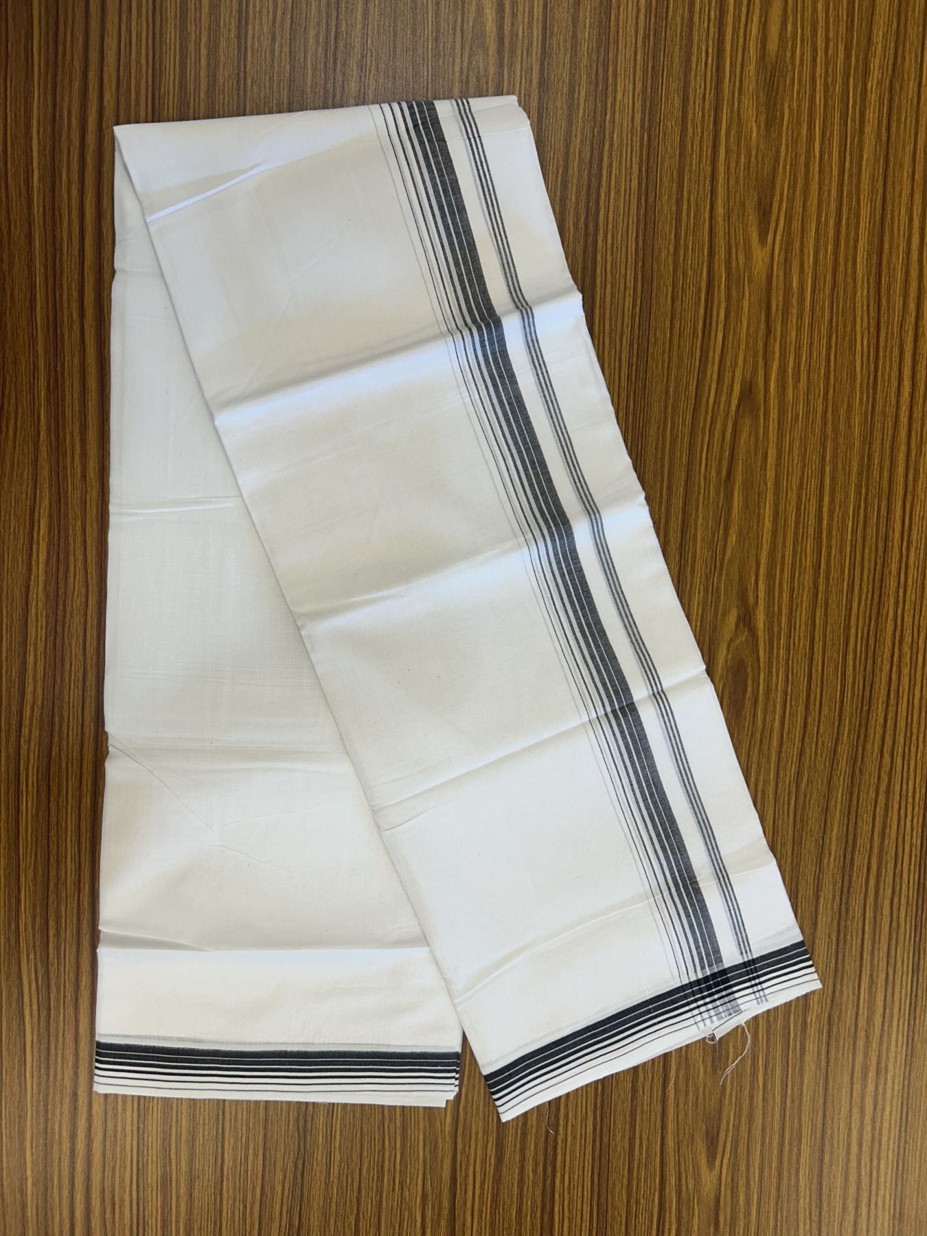 20% Discount ! Kaitharikada Balaramapuram 100% Cotton Pure White Double Mundu/Dothi - 100x80 - 1.25 inch Black Shaded Striped Kara 3.80 mtr (8 muzham) - 1 KK5319 THI