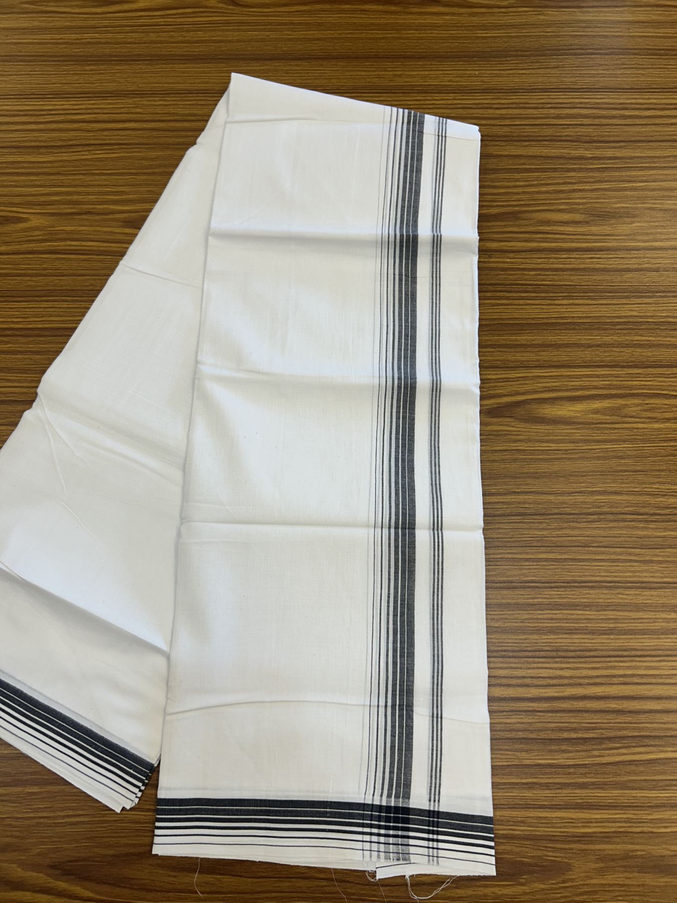 20% Discount ! Kaitharikada Balaramapuram 100% Cotton Pure White Double Mundu/Dothi - 100x80 - 1.25 inch Black Shaded Striped Kara 3.80 mtr (8 muzham) - 1 KK5319 THI
