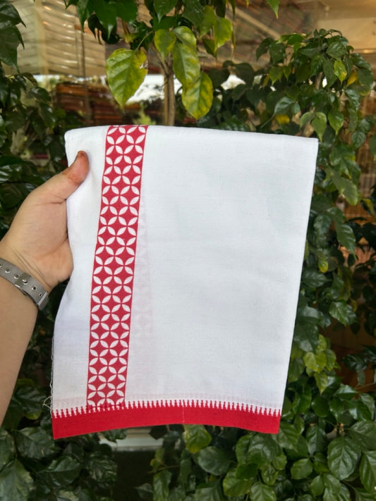 Kaitharikada - Polyster + Cotton - 20s twisted - Pure white Single Kaily / Lungi - 1.5 inch Red Printed Kuppadam Border with White colour body (2 meter / 4 muzham) - 5 KK8035 GAN