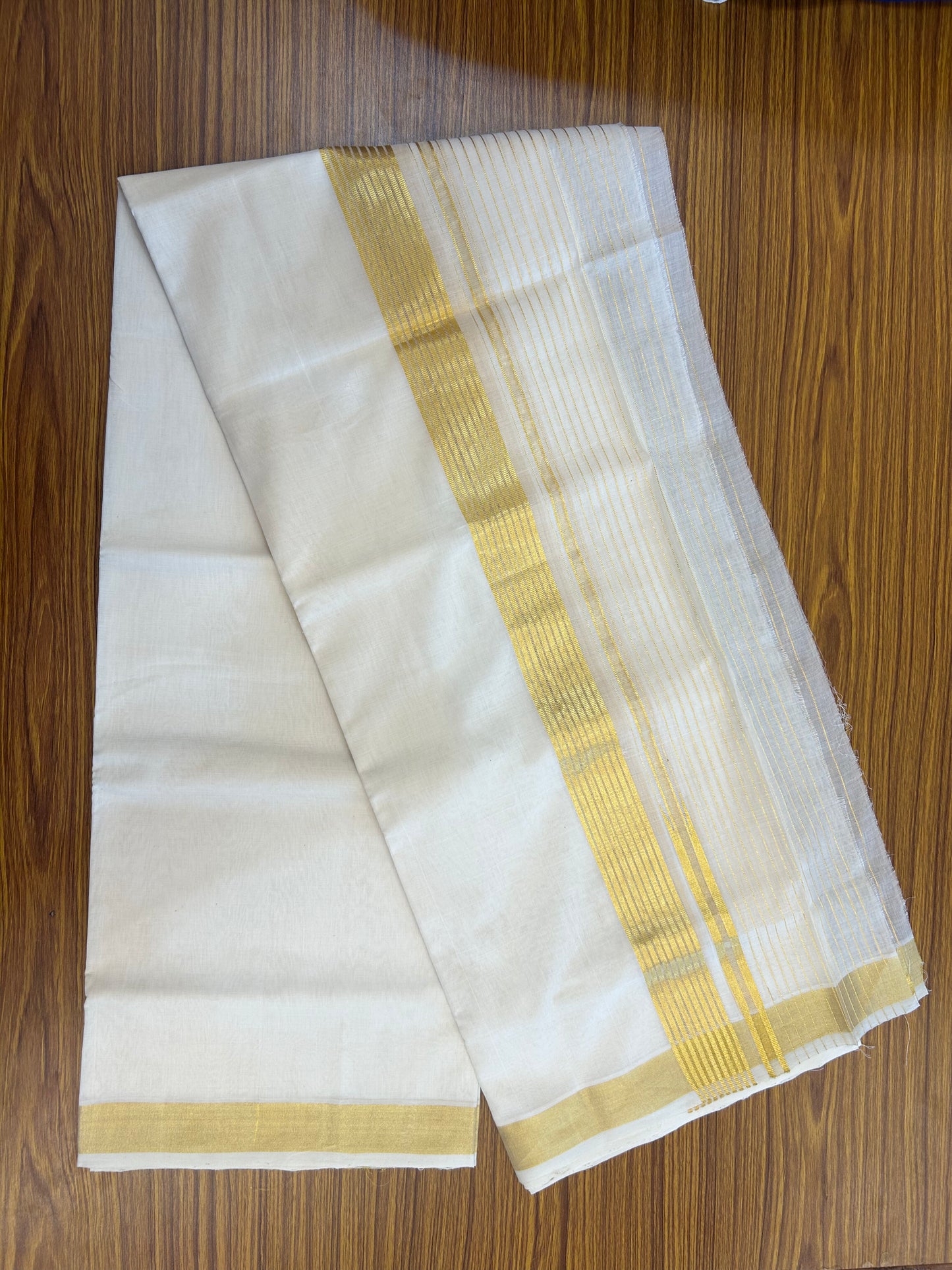 25% Discount ! KaithariKada Handloom Unakkupaav Kerala Handloom - 100% Pure Cotton Off White (Unbleached) Double Mundu/Dhoti - 100x80 - 7 Inch Gold kasav Side Stripes Chutty Kara 4 mtr (8.5 muzham) - 26 KK5352 ABH