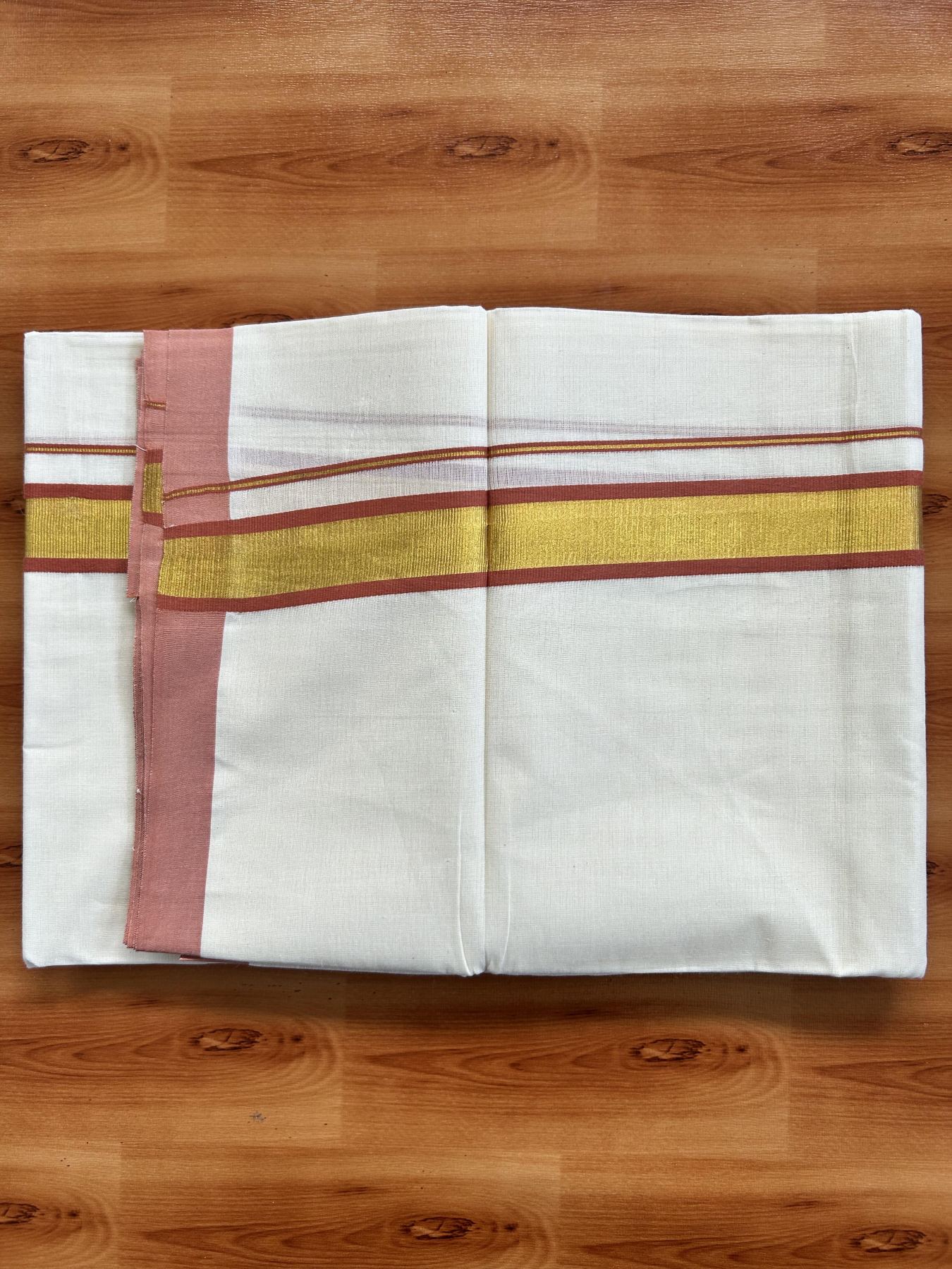 Double Off White - (Unbleached) Mundu/Dhoti - 20% Discount! KaithariKada Balaramapuram Pure Cotton - 80s - 1.25 inch Gold Kasav & Peach Brown Kara - 4 mtr (8.5 Muzham) - 32 KK5416 GAN