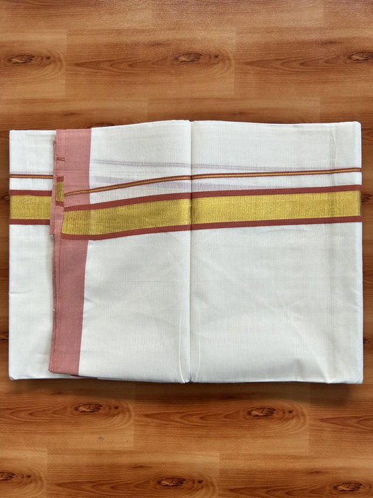 Double Off White - (Unbleached) Mundu/Dhoti - 20% Discount! KaithariKada Balaramapuram Pure Cotton - 80s - 1.25 inch Gold Kasav & Peach Brown Kara - 4 mtr (8.5 Muzham) - 32 KK5416 GAN