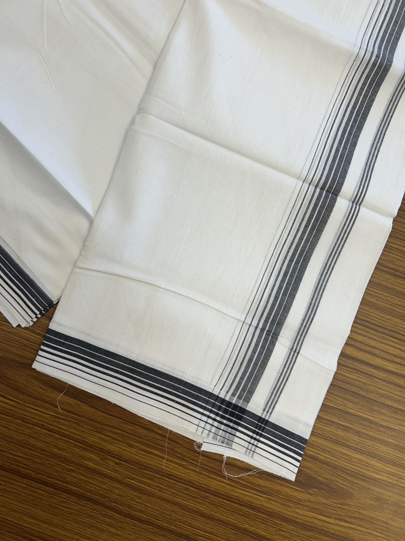 20% Discount ! Kaitharikada Balaramapuram 100% Cotton Pure White Double Mundu/Dothi - 100x80 - 1.25 inch Black Shaded Striped Kara 3.80 mtr (8 muzham) - 1 KK5319 THI